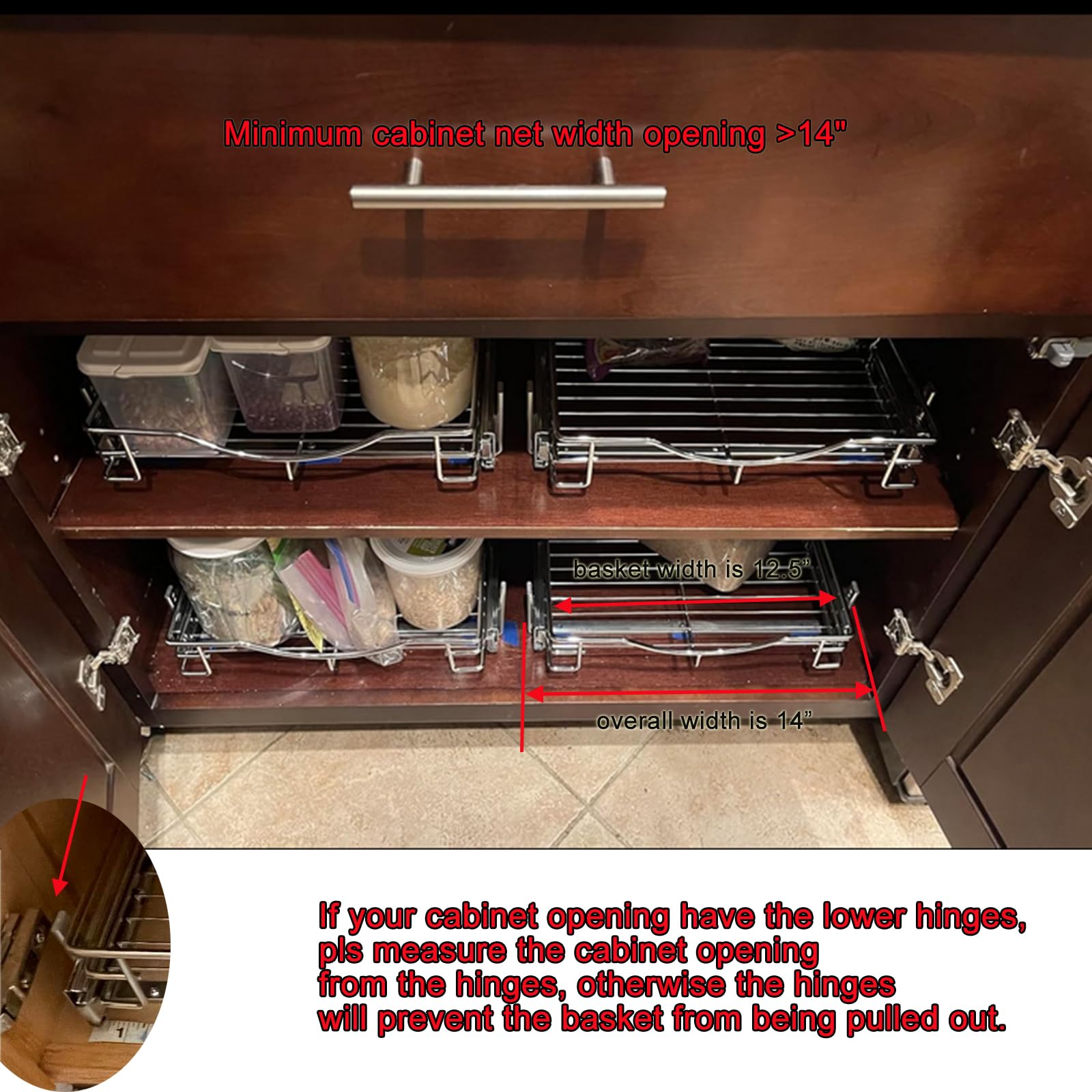 Dindon Pull Out Cabinet Organizer (14'' W X 21'' D), Pull Out Drawers For Kitchen Cabinets, Cabinet Pull Out Organizer 1 Tier He