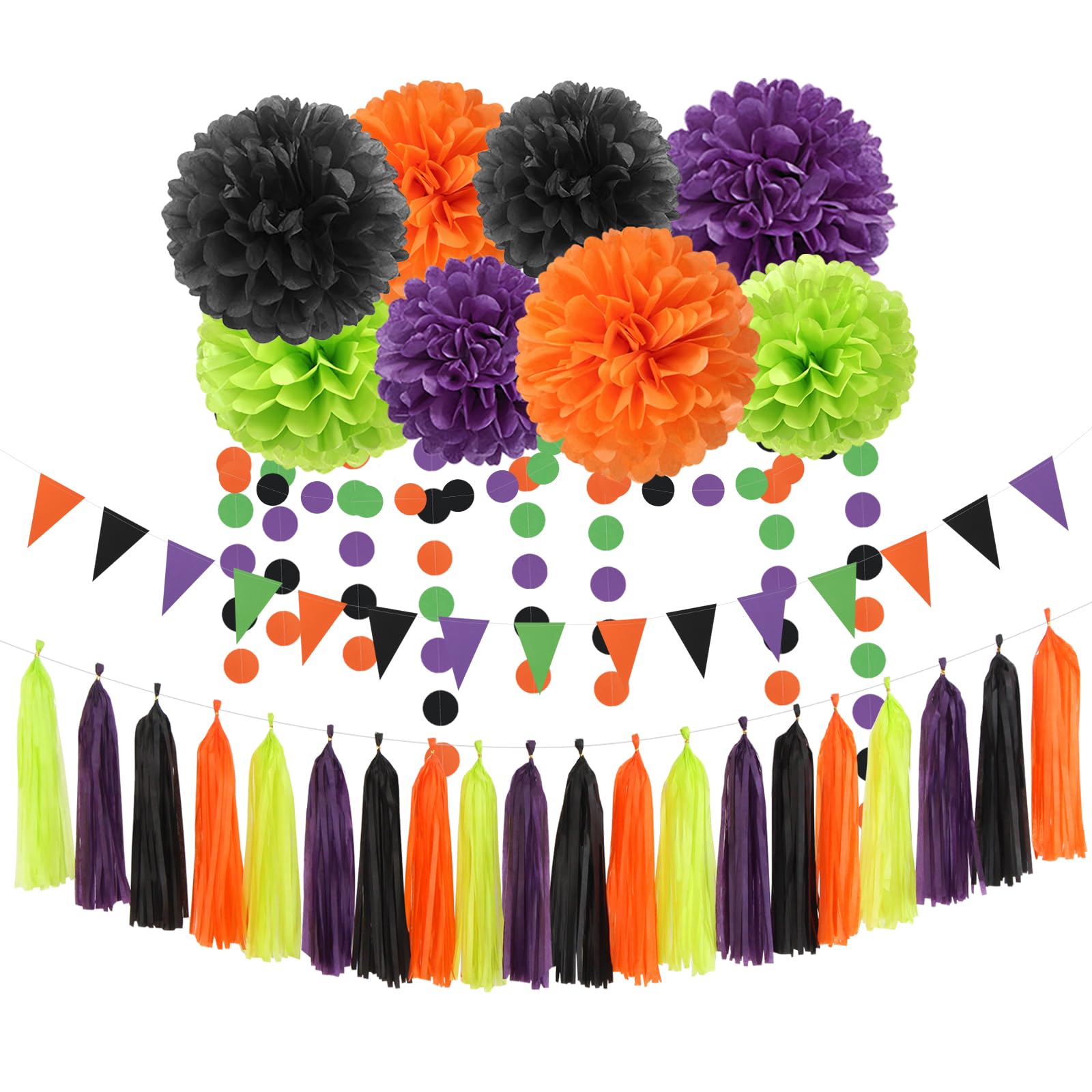 Black-Purple Orange Green Halloween Party-Decorations - 30Pcs Tissue Pom Poms Streamers,Tassel Garland Banner,Birthday Wedding B
