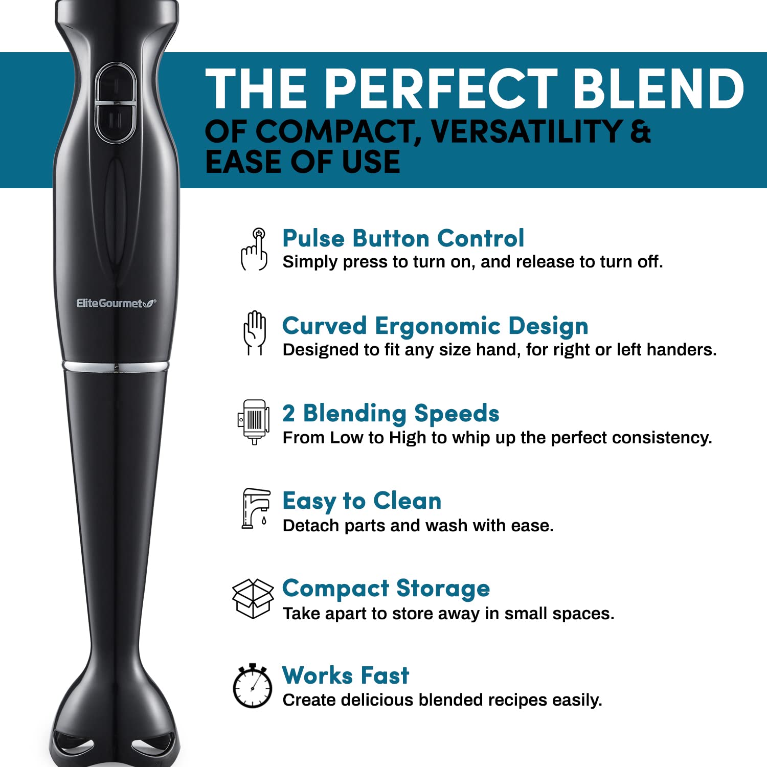 Elite Gourmet Ehb1023 Immersion Hand Blender 300 Watts 2 Speed Mixing With Detachable Blades, Detachable Wand Stick Mixer, Smoot