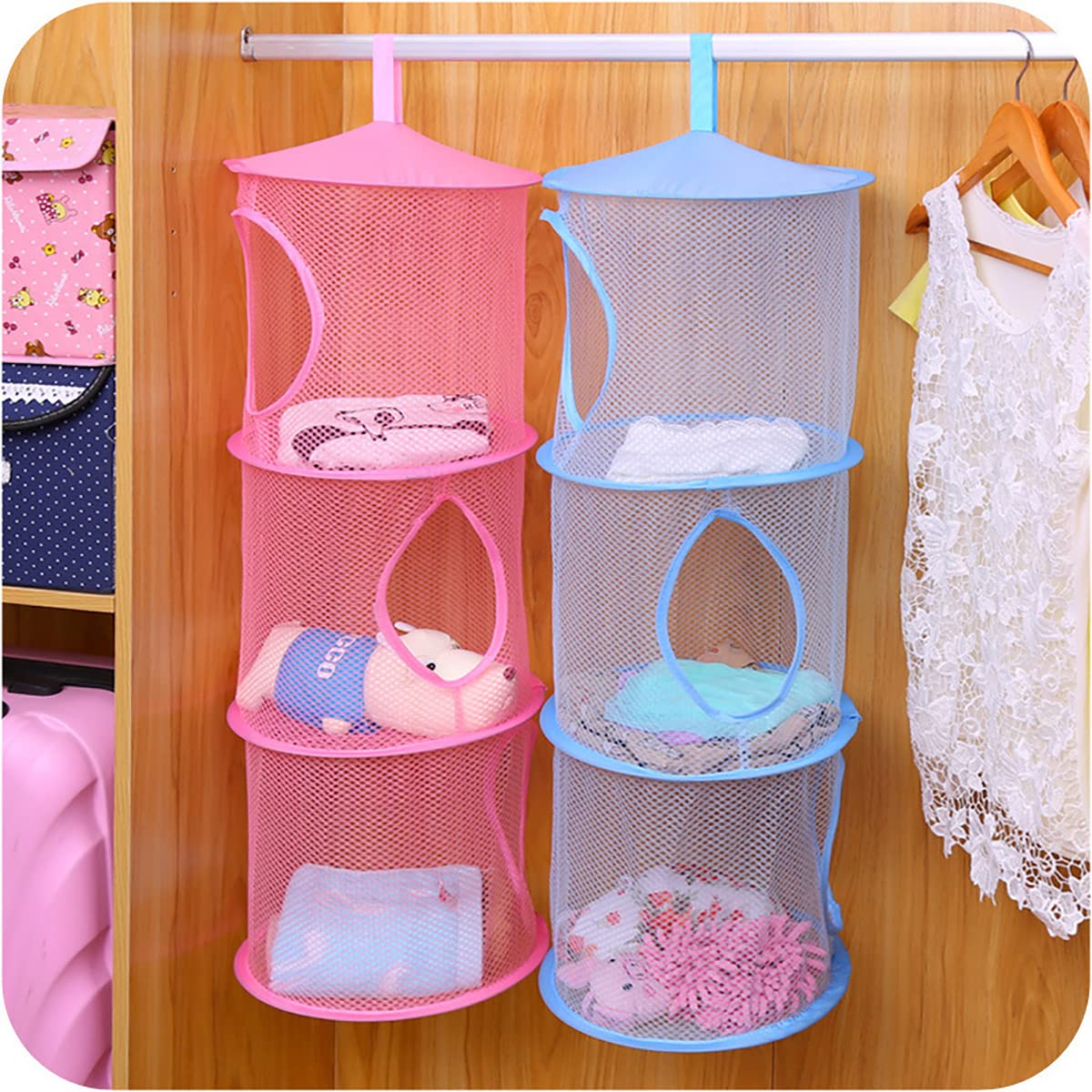 Mesh Hanging Storage Basket With 3 Compartments Foldable Hanging Storage Organizer Net Bag For Toys Storage, Space Saver Sundrie