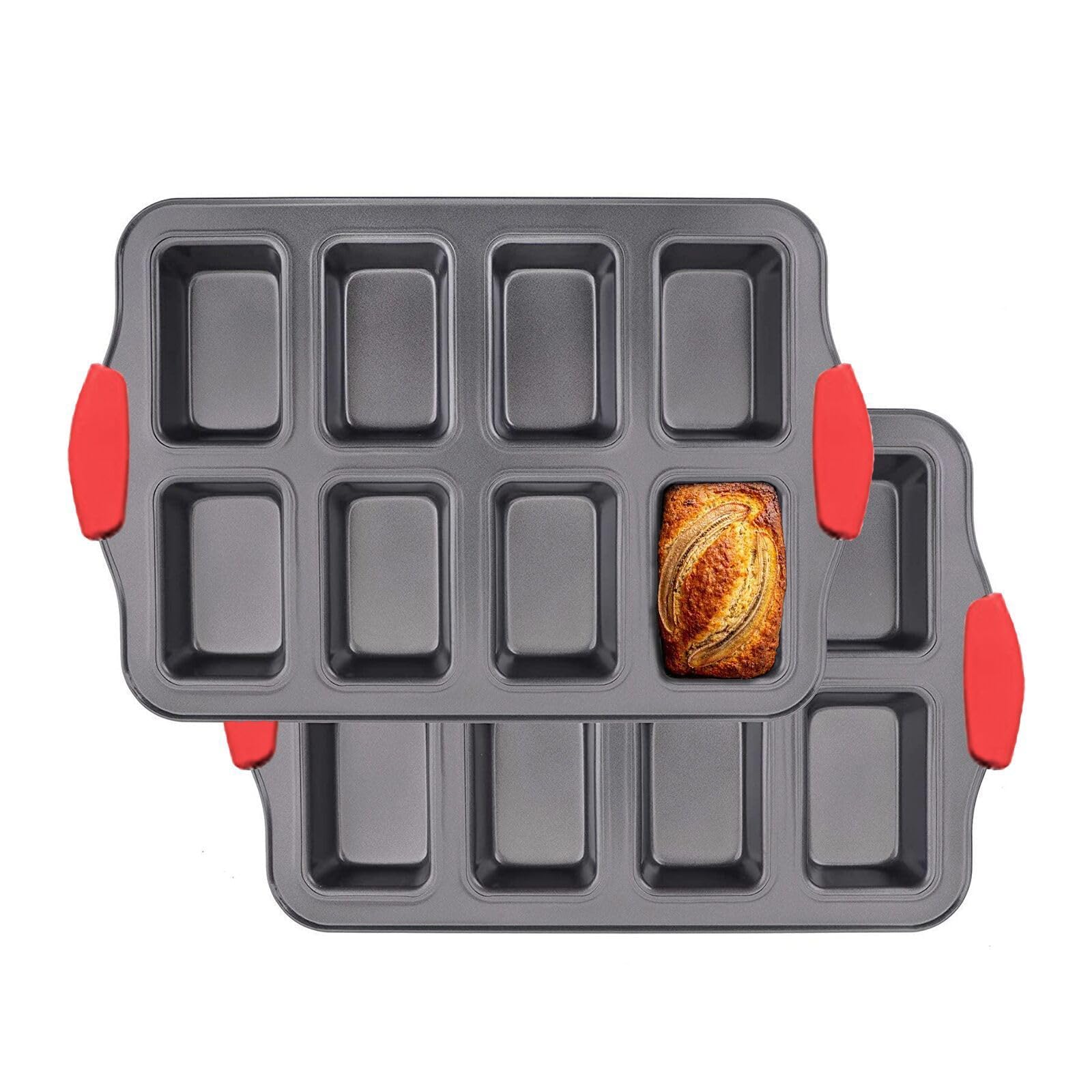 Nbftltop Mini Loaf Pans Nonstick, Bread Loaf Pan With Silicone Handle,8 Cavity, Carbon Steel,Non-Toxic & Easy Cleanup, Gray,2 Pa
