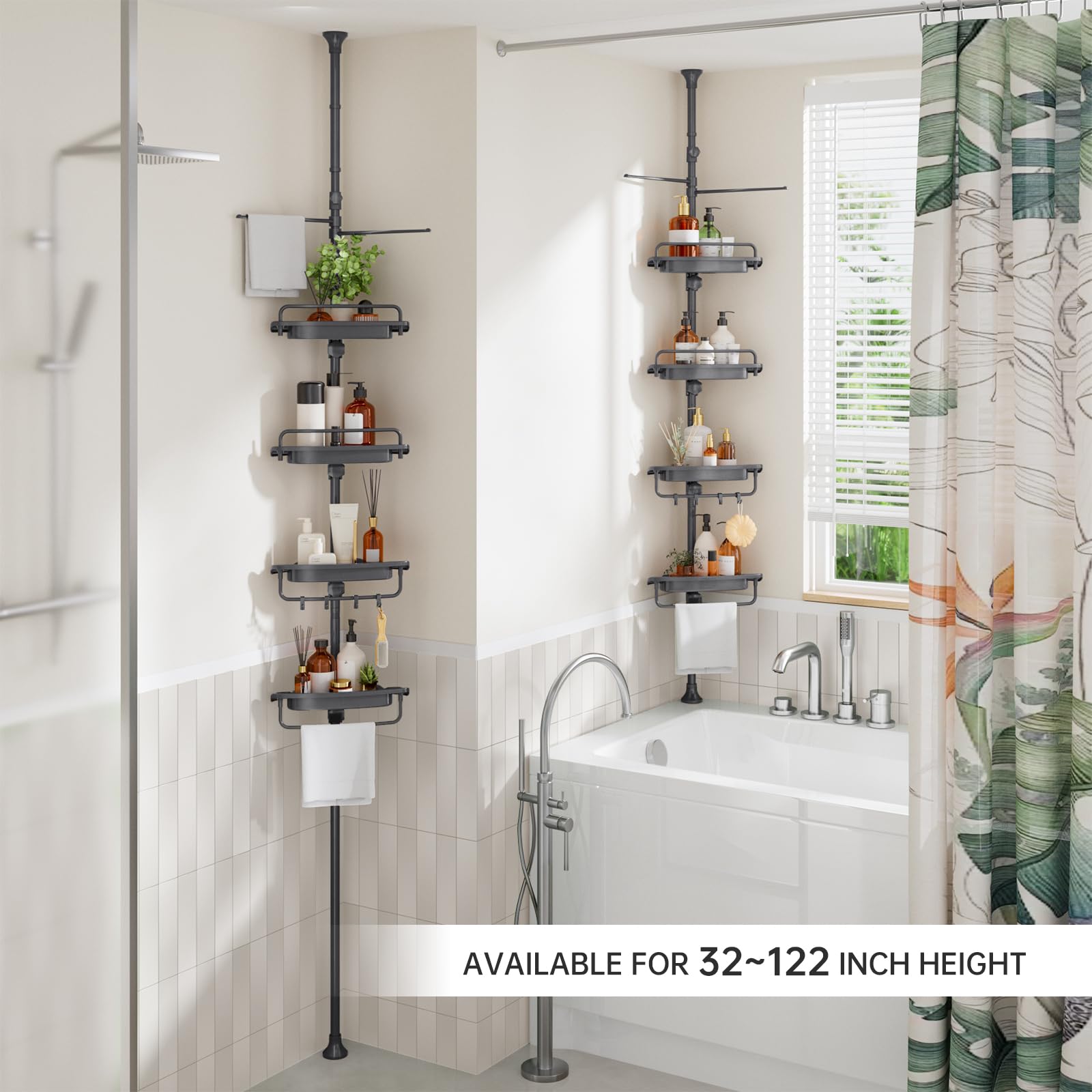 Wsbart Upgrade Sturdy Shower Caddy Tension Pole Grey Corner Shower Caddy 18/8 Stainless Steel Rustproof 4 Tier Adjustable Shower