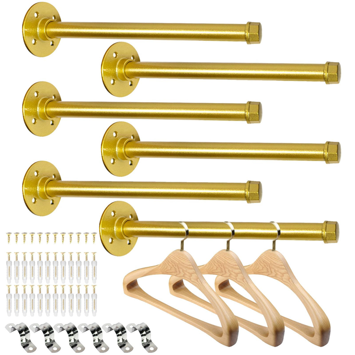 Pintuson 6 Pcs Industrial Pipe Clothes Bar 12 Inch - Wall Mount Clothing Rack - Face Out Closet Rods For Hanging Clothes Commerc