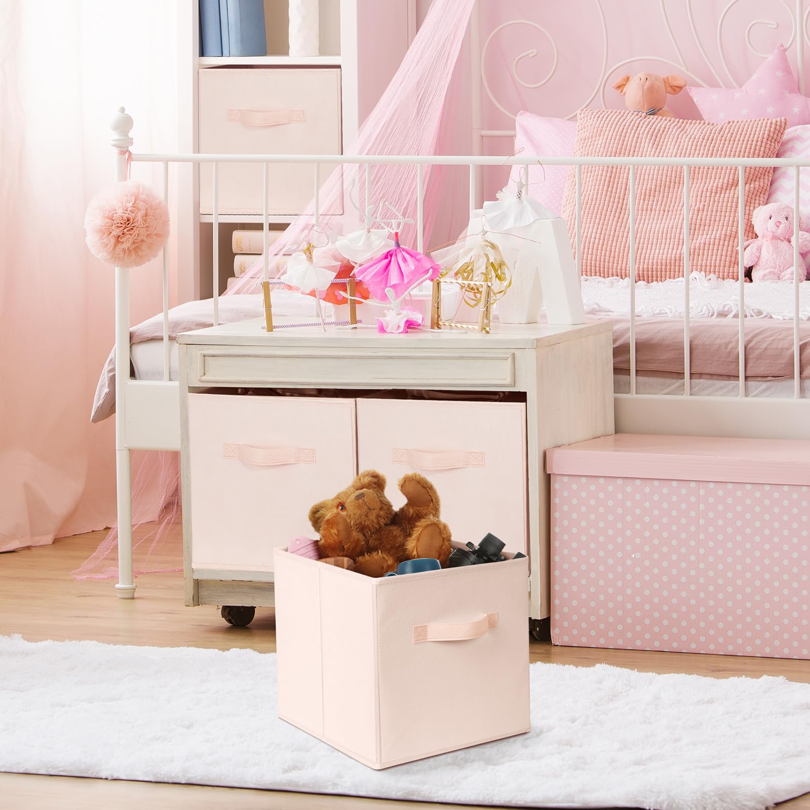 Storage Cubes  13x13 Large Cube Storage Bins (Set of 8)  Fabric Collapsible Clothes Storage Bins with Dual Handles  Foldable Baby Nursery Shelf Baskets  Women College Dorm Room Essentials (Pink)