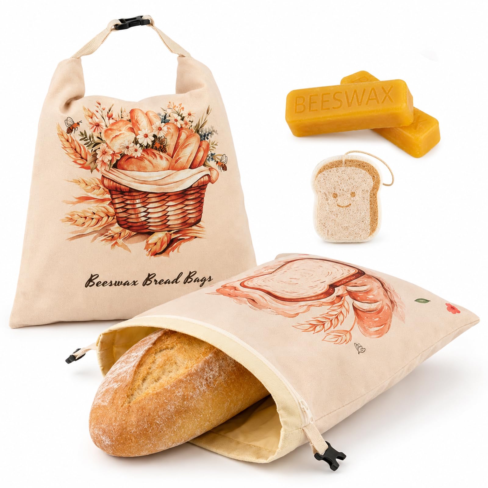 Rickcaptain 5 Pcs Beeswax Bread Bags, Includes 2 Wax Bars & Cleaning Sponge