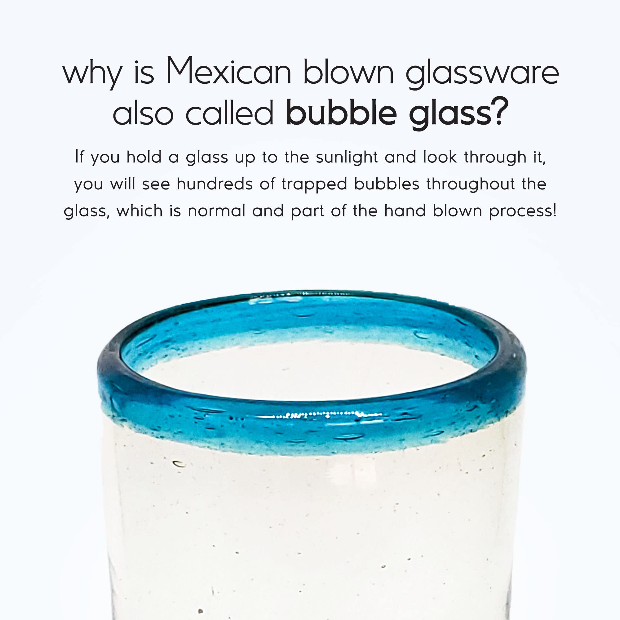 Mexhandcraft Aqua Blue Rim 14 Oz Drinking Glasses, Set Of 6, Mexican Handmade Glassware, Recycled Glass, Lead & Toxin Free (Drin