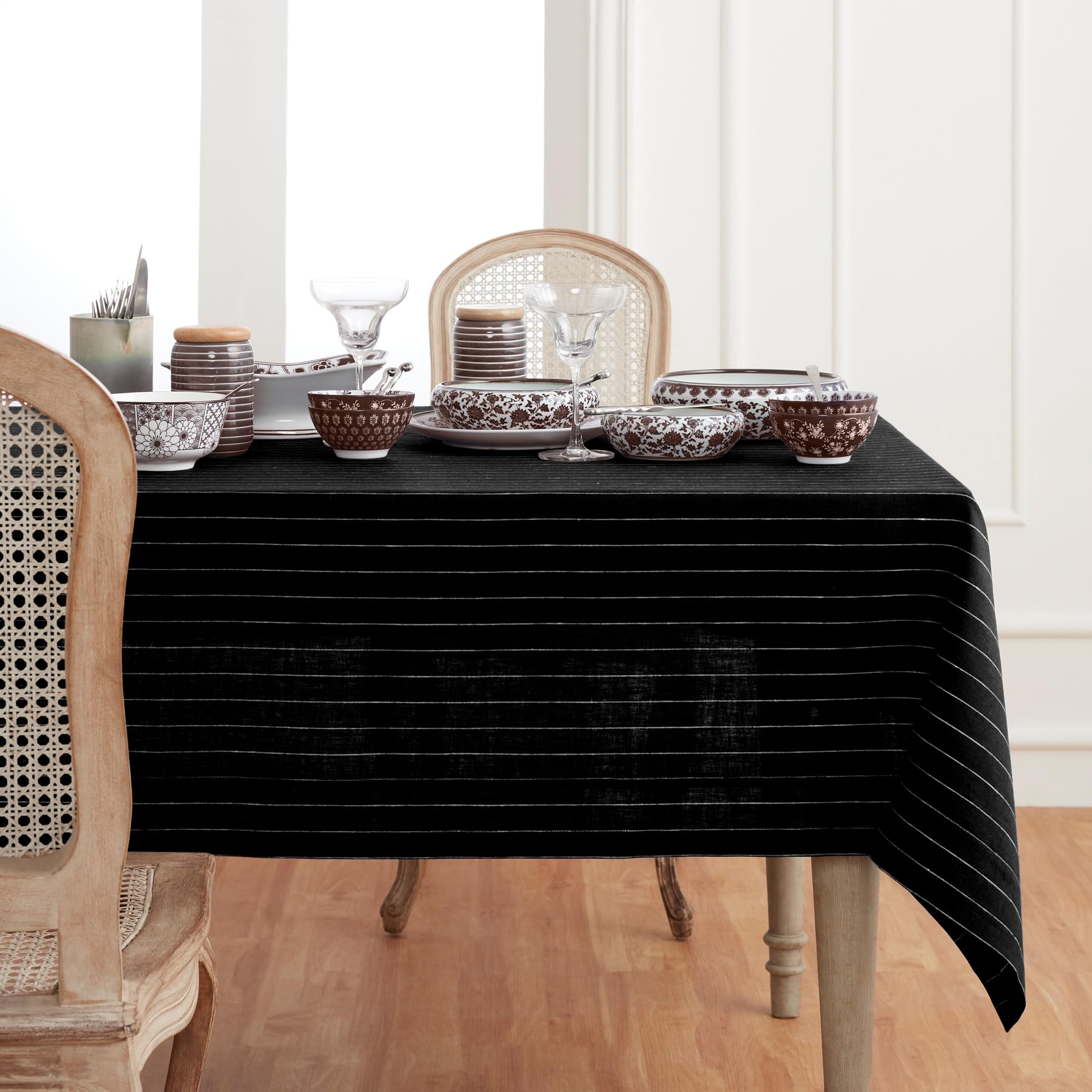 Solino Home Pinstripe Linen Tablecloth 90 '' L X 60 '' W Inch - 100% Pure Linen Black And White Tablecloth - Machine Washable Fa