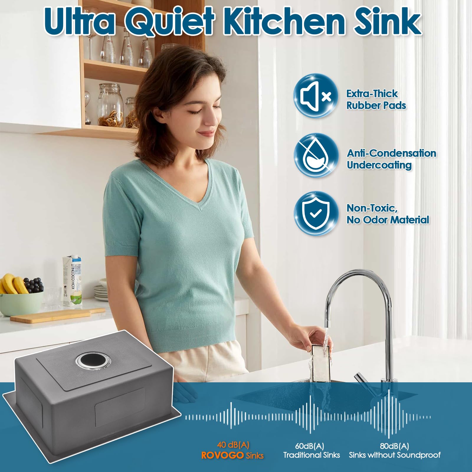 ROVOGO 24 x 18 inches Drop-in Kitchen Sink Single Bowl with 2 Holes  304 Stainless Steel Handmade Residential Sink with Drain Kit