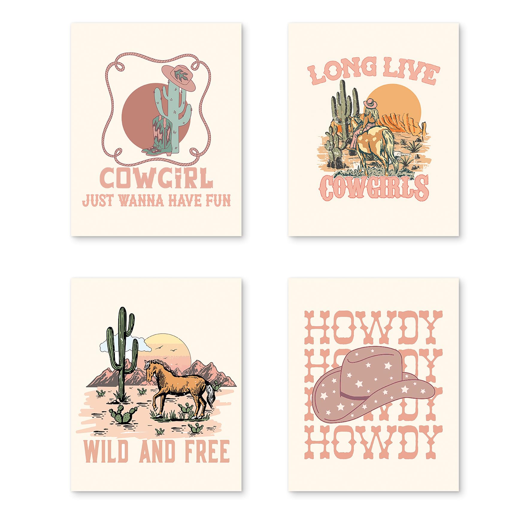 Puhei Retro Western Howdy Cowgirl Wall Art Prints Set Of 4,Western Nursery Decor Girl, Western Room Decor For Teen Girls, Cowgir