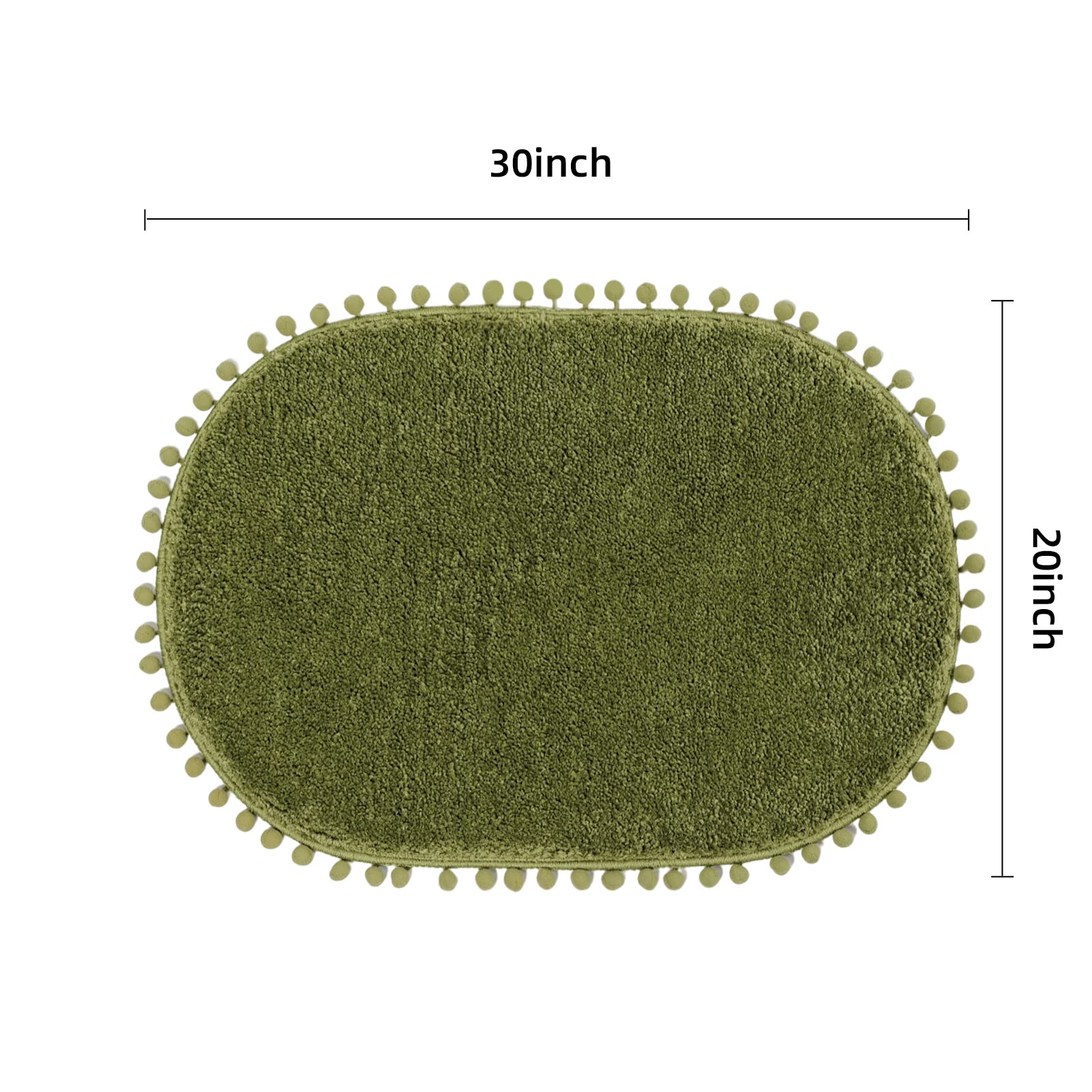 Yirddeo Olive Green Pom Bath Rug For Bathroom Non Slip, Cute Boho Pom Oval Absorbent Shower Mat, Plush Soft Washable Rug (20X30
