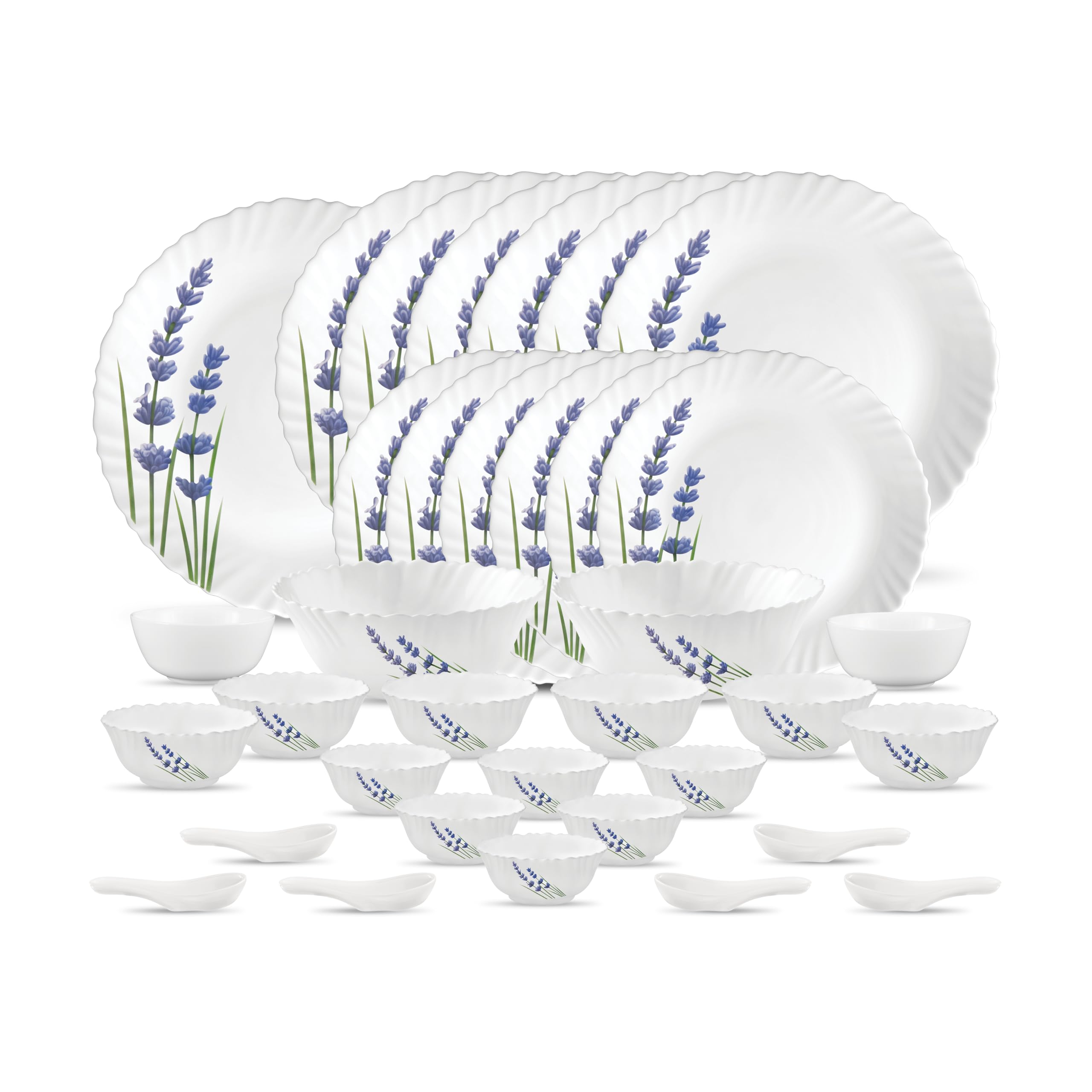 La Opala Novo Collection Opal Glass Crockery | For Family Of 6 | Dinner Set 35 Pcs English Lavender | Plates & Bowls For Dining 