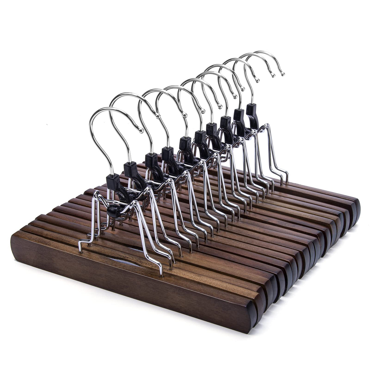 Nature Smile Wooden Pants Skirt Hangers, Smooth Finish Solid Wood Non Slip Jeans Slack Clamp Hangers Hair Extension Hangers (10