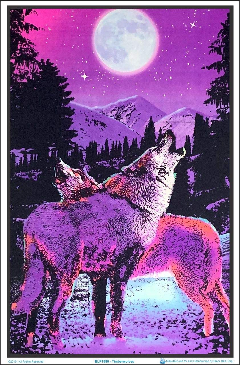 Timberwolves Howling At Moon - Laminated Blacklight Poster - 23.5'' X 35.5''