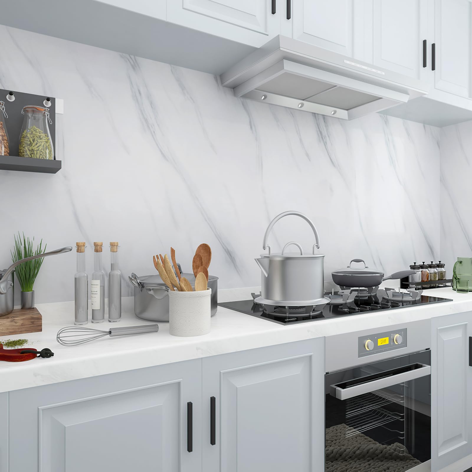JSEVEM 31''?57'' Extra Wide Thick White Grey Wallpaper Peel and Stick Waterproof White Gray Marble Contact Paper Vinyl Faux Glossy Texture Granite Wall Sticker Decor for Bedroom Bathroom Kitchen Island