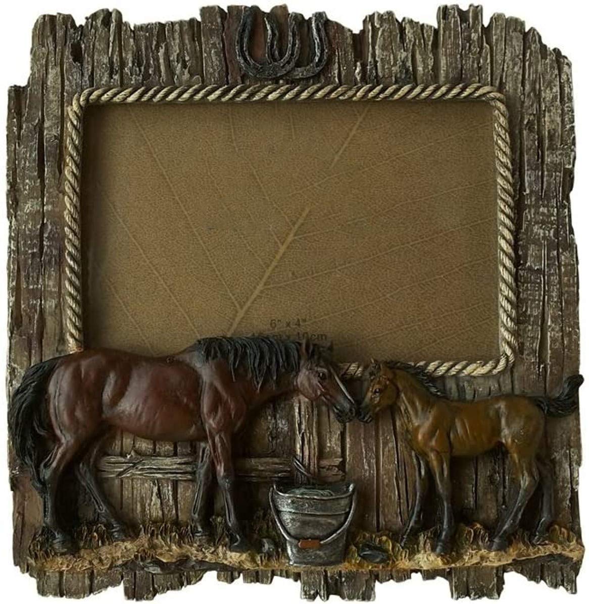 Comfy Hour Western Retro Collection Wild Rustic Wood Imitated Double Horse 6 x 4 Photo Picture Frame, Aged Old Fashioned - Brown