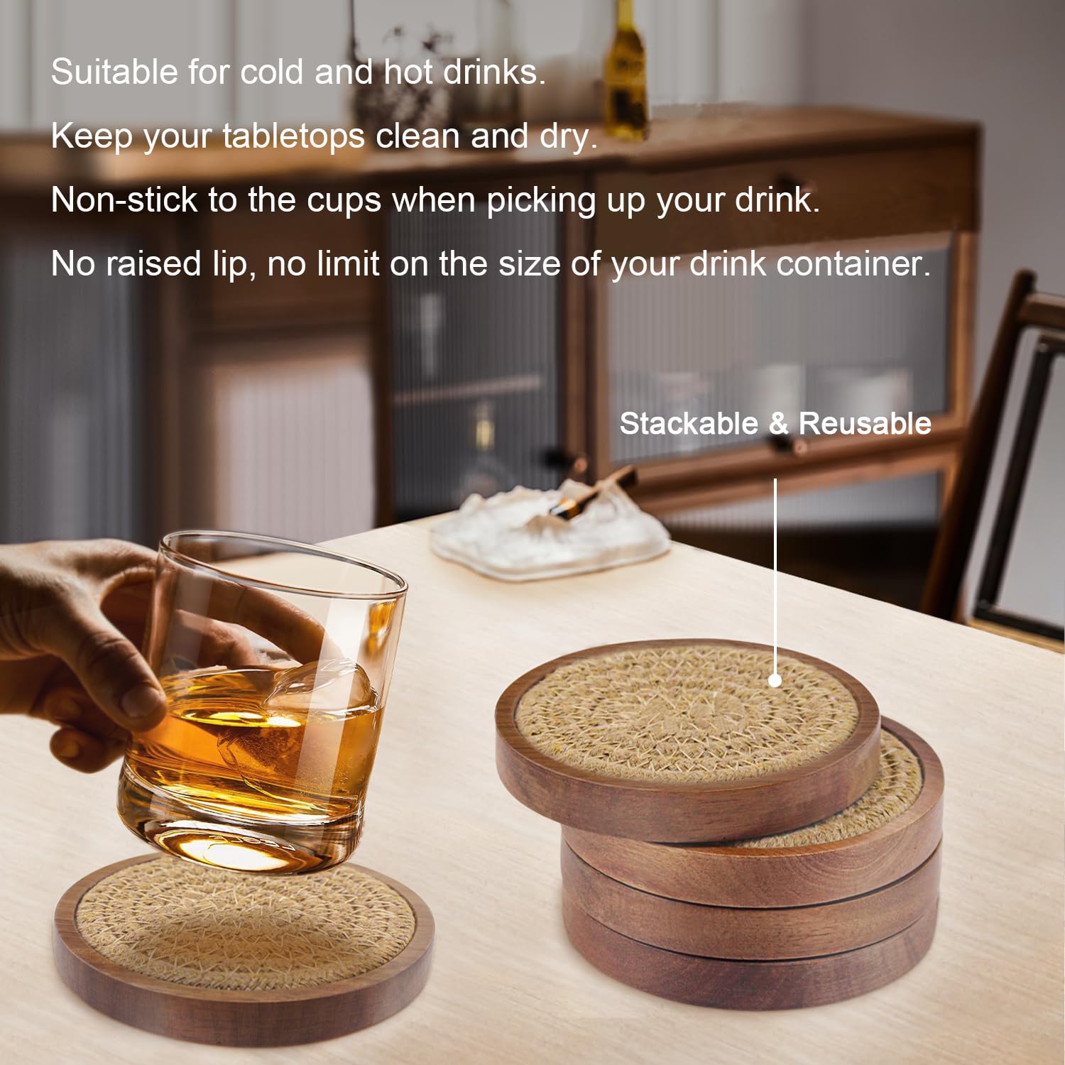Eykao Wood Coasters For Drinks, Absorbent Coaster Sets Of 5, Woven Drink Coasters For Coffee Table, Housewarming Gift For Farmho
