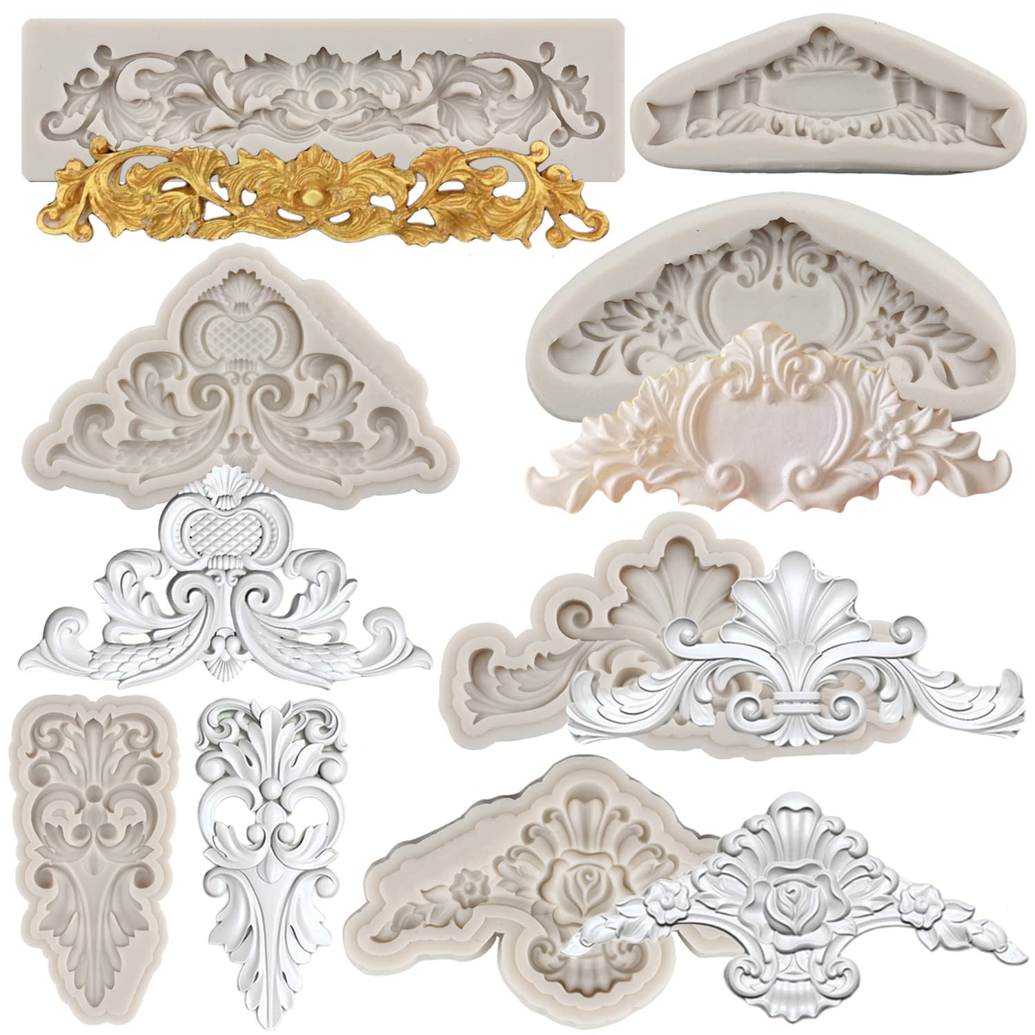 Mypracs Baroque Style Curlicues Scroll Lace Silicone Fondant Molds Relief Flower Molds Filigree Mold For 3D Sculpted Cake Decora