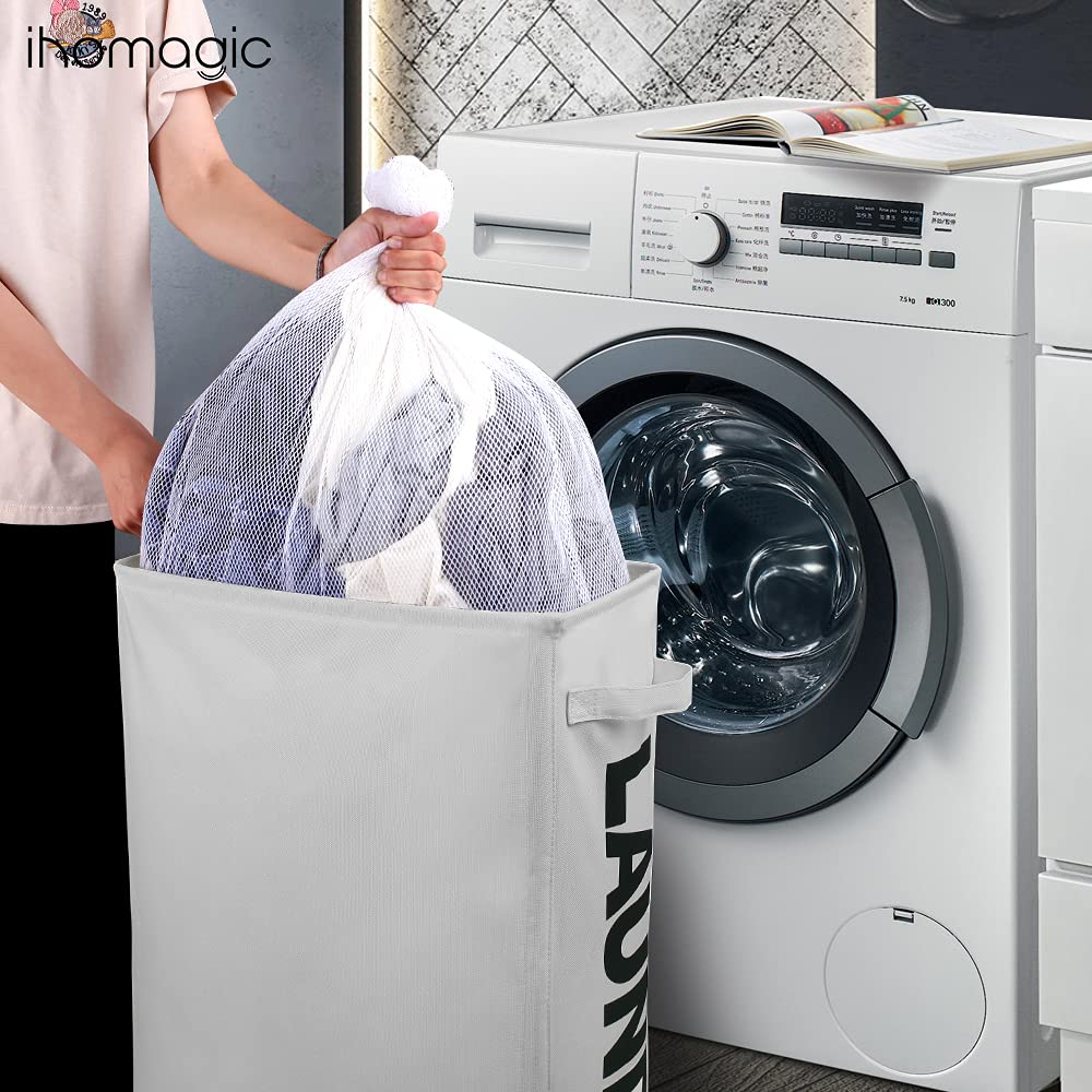 Ihomagic 62L Laundry Baskets Wheels, Tall Thin Laundry Hamper With Removable Mesh Laundry Bags - Foldable Dirty Clothes Bag Hand