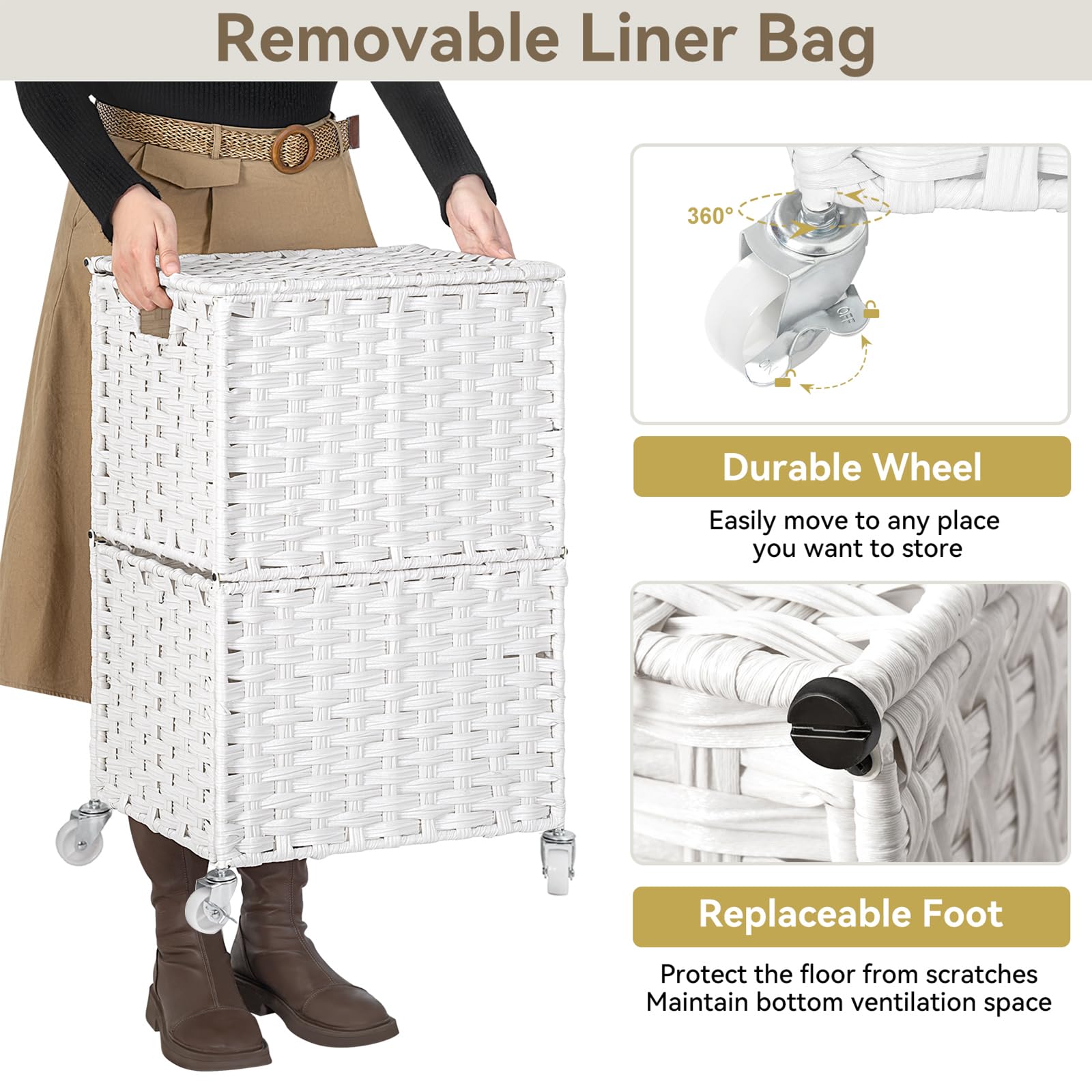 Chrislley 90L Large Laundry Hamper With Wheels,Rolling Laundry Basket With Lid And Renovable Liner Bag,Handwoven Rattan Organize