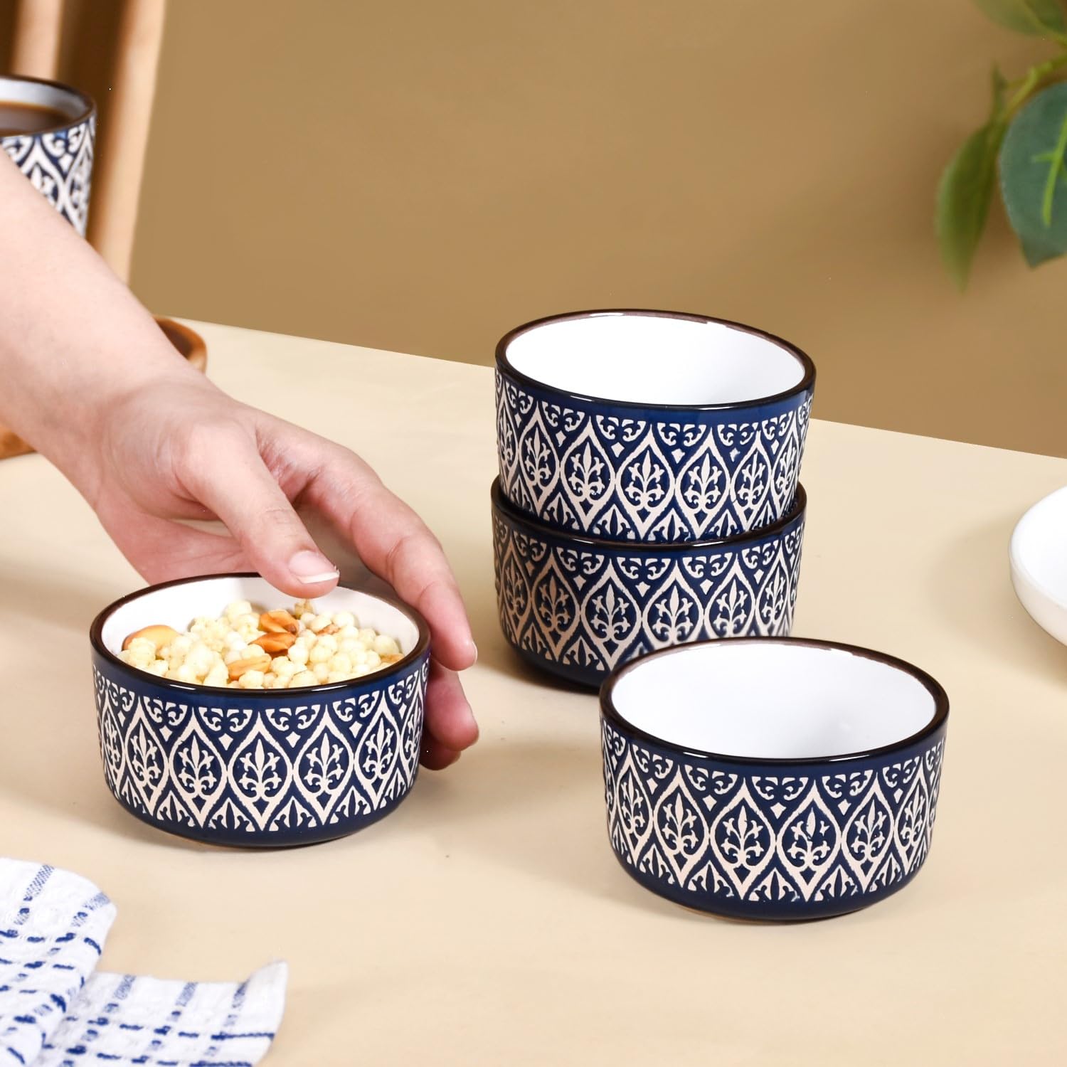 Nestasia Ceramic Bowl For Snacks - Dishwasher & Microwave Safe Bowl Set Of 4, Victorian Print Small Serving Bowl Set For Rice, D
