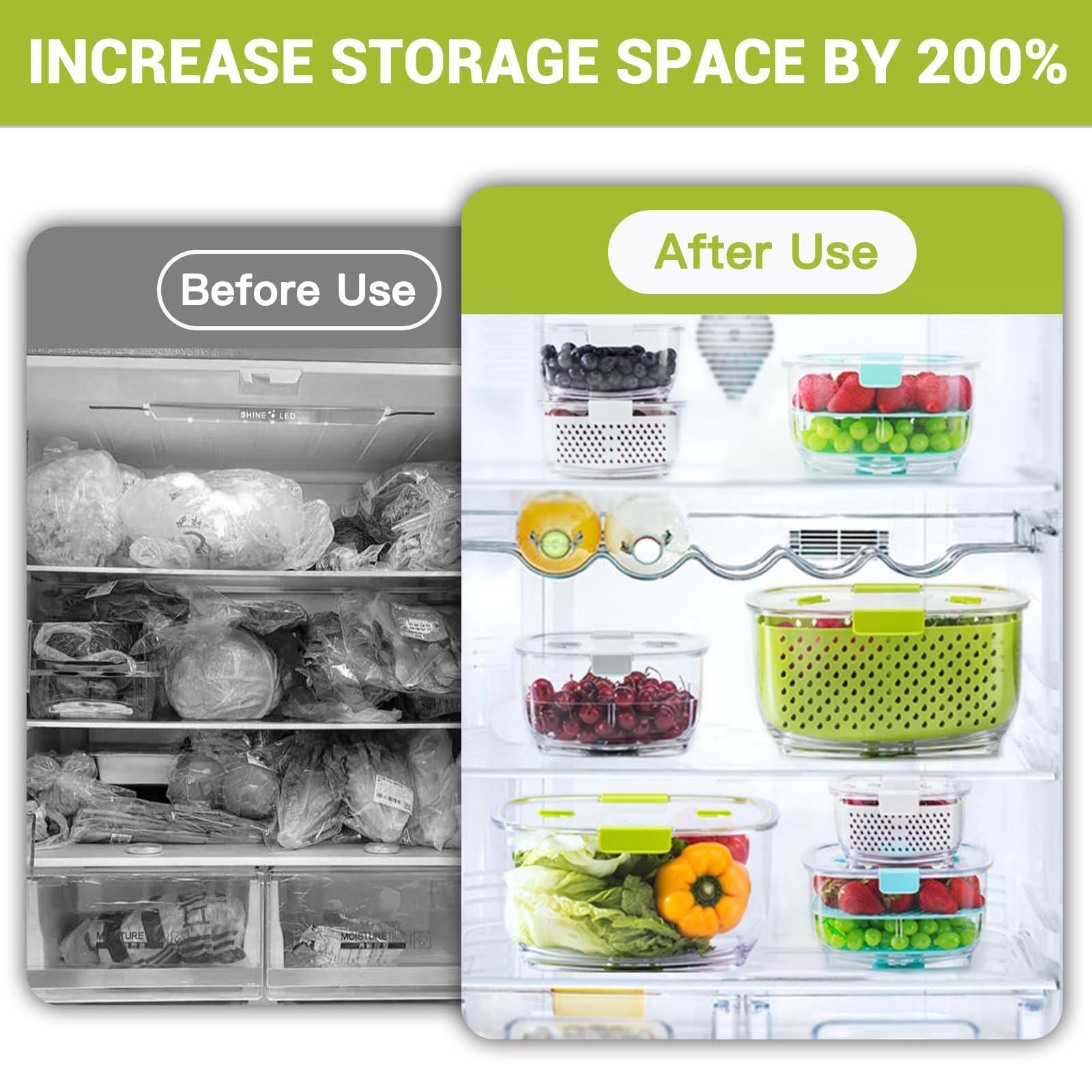 Luxear Fresh Produce Vegetable Fruit Storage Containers 3Piece Set, Bpa-Free Fridge Storage Container, Partitioned Salad Contain
