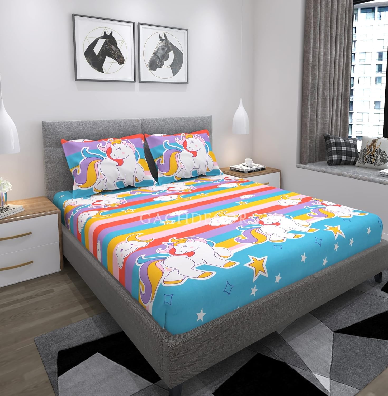 All Around Elastic 300TC Glace Cotton Elastic Fitted King Size Double Bed Bedsheet with 2 Pillow Covers, King Size 72 x 78(Un