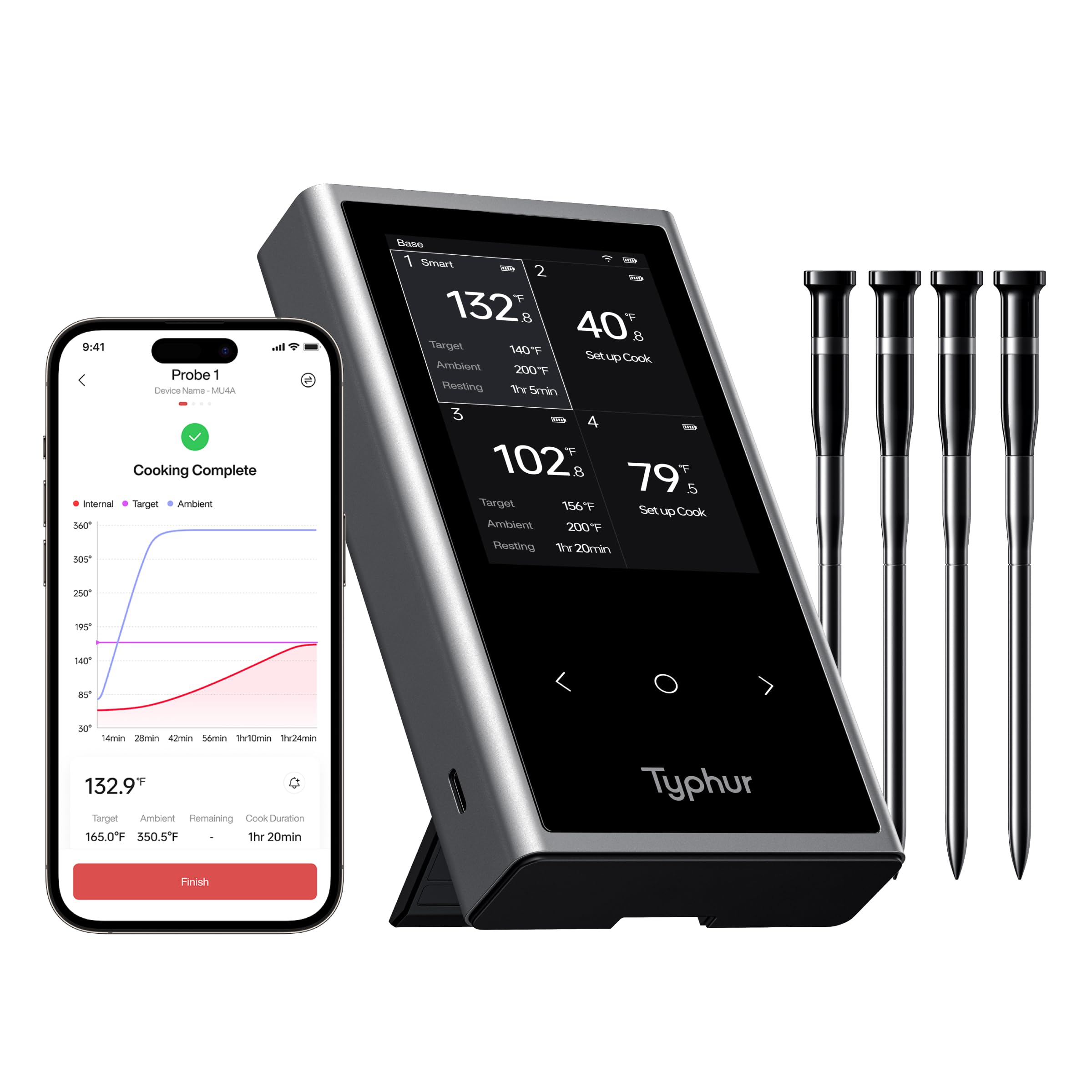 Typhur Sync Wireless Meat Thermometer Quad | 4 Probes | 6 Sensors | LCD Display | WiFi and Bluetooth 5.3 | Improved Stability an
