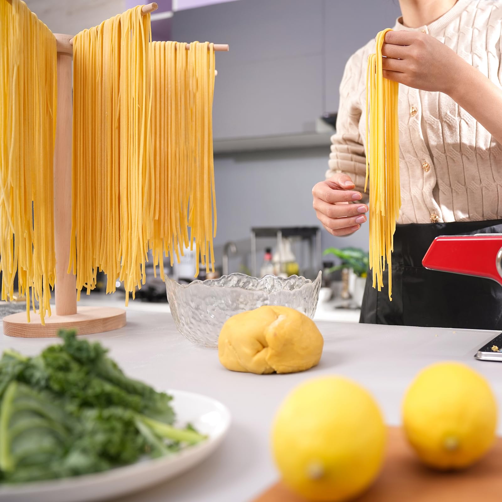 Tinada Large Beech Wood Pasta Drying Rack - Collapsible Noodle Spaghetti Hanger Stand