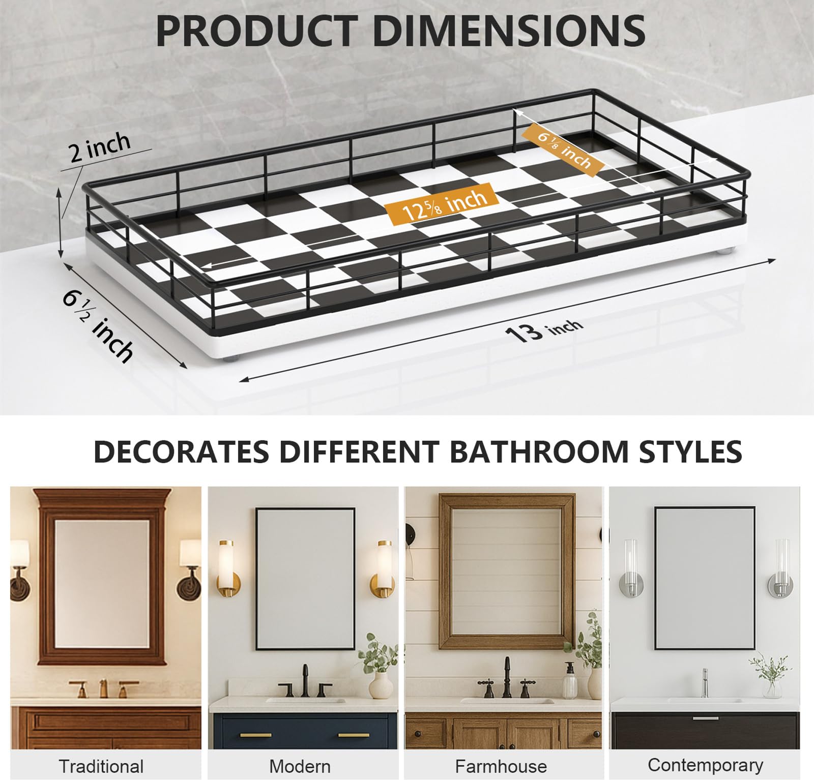 Toilet Tank Tray Organizer - Oak Wood Bathroom Counter Basket with Metal Frame, Back of Toilet or Tank Top Paper Holder Storage