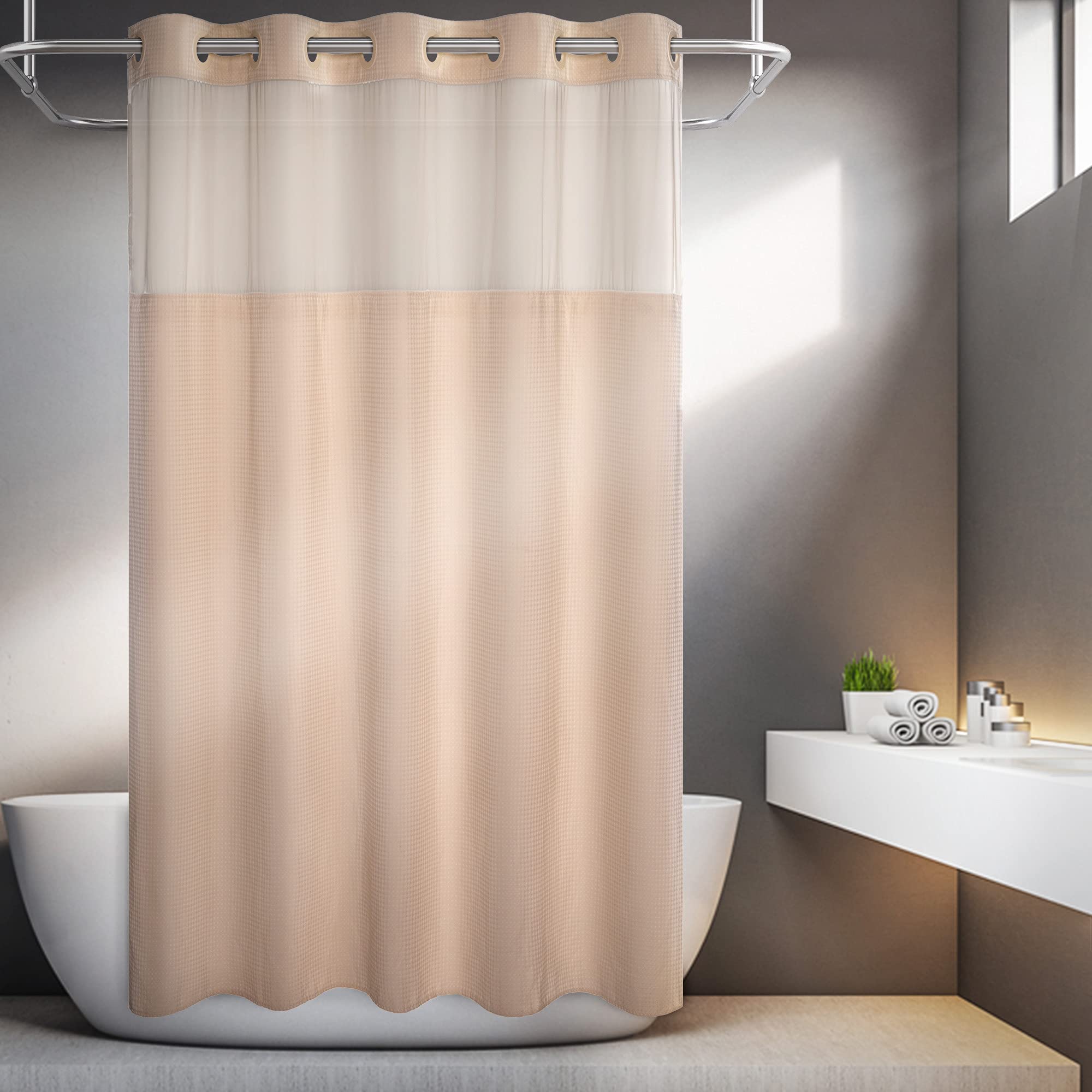 No Hooks Required Waffle Weave Shower Curtain With Snap In Liner - 71W X 74H,Hotel Grade,Spa Like Bath Curtain,Pink