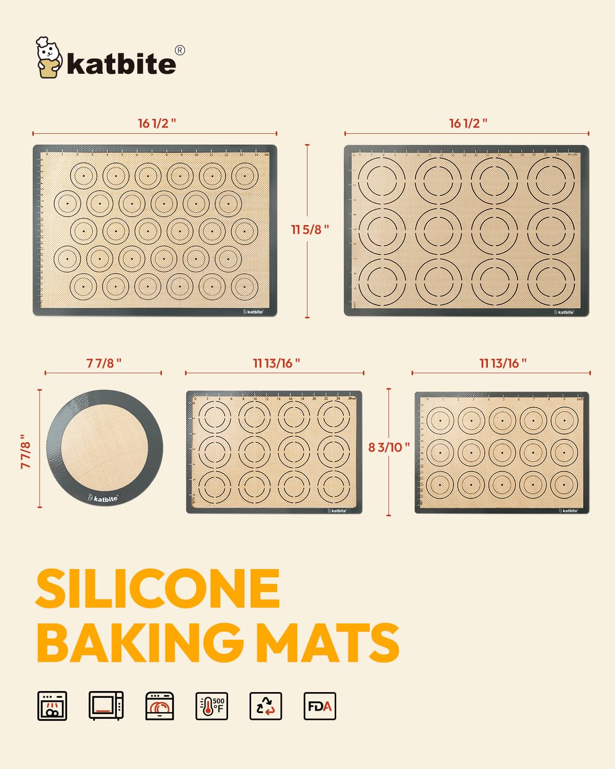 Silicone Baking Mat Set Of 5, Katbite Food Grade Non-Stick Reusable Cookie Sheet Bakeware Mats For Making Macaron, Cookie, Pizza