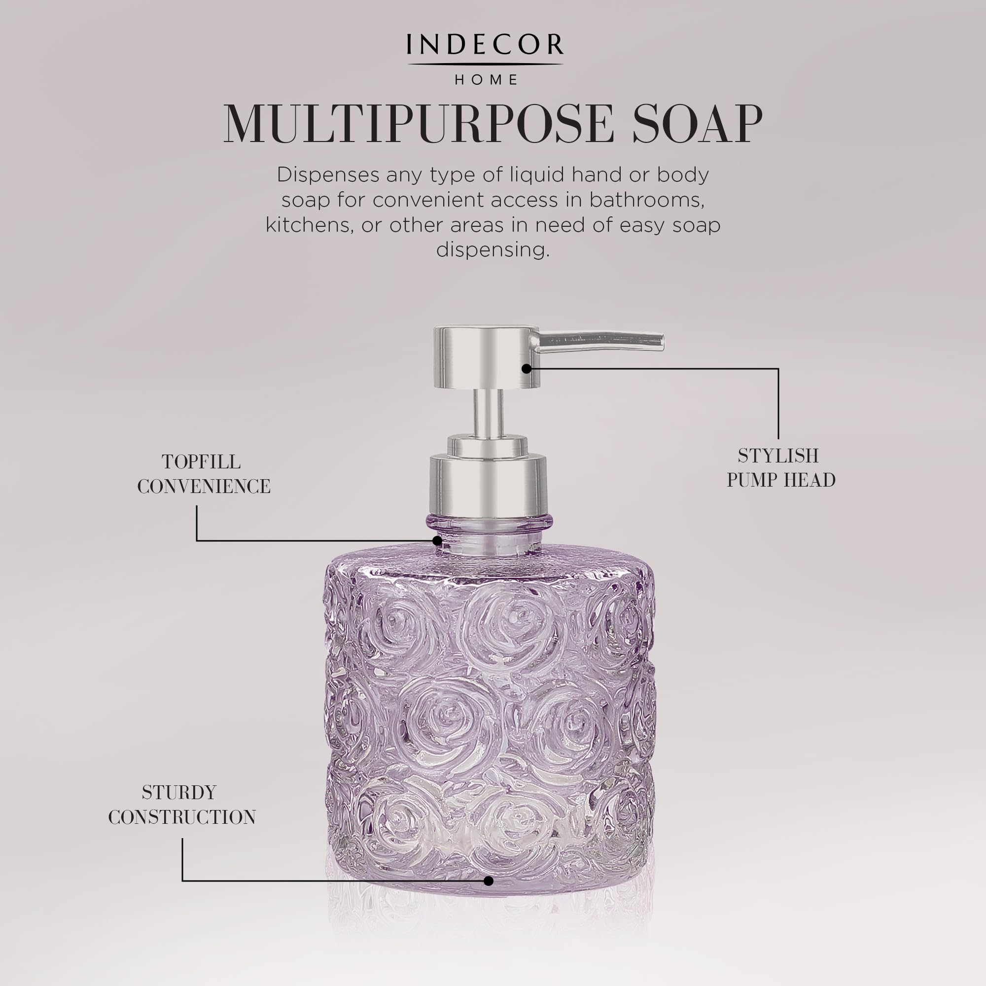 Marcella Glass Soap Dispenser With Soap Pump, Refillable 14 Ounce Capacity, Floral Design Rose Patterns, Heavy Weight Thick Glas