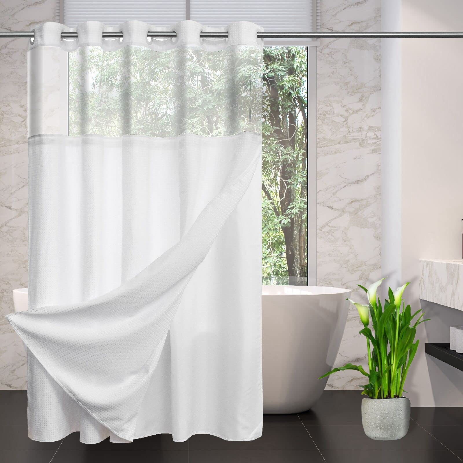 CYPL No Hooks Required Waffle Weave Shower Curtain with Snap in Liner-Hotel Grade Waterproof & Mesh Top Window Spa Like Bath Curtain Machine Washable Heavy Duty 71Wx74L (White)