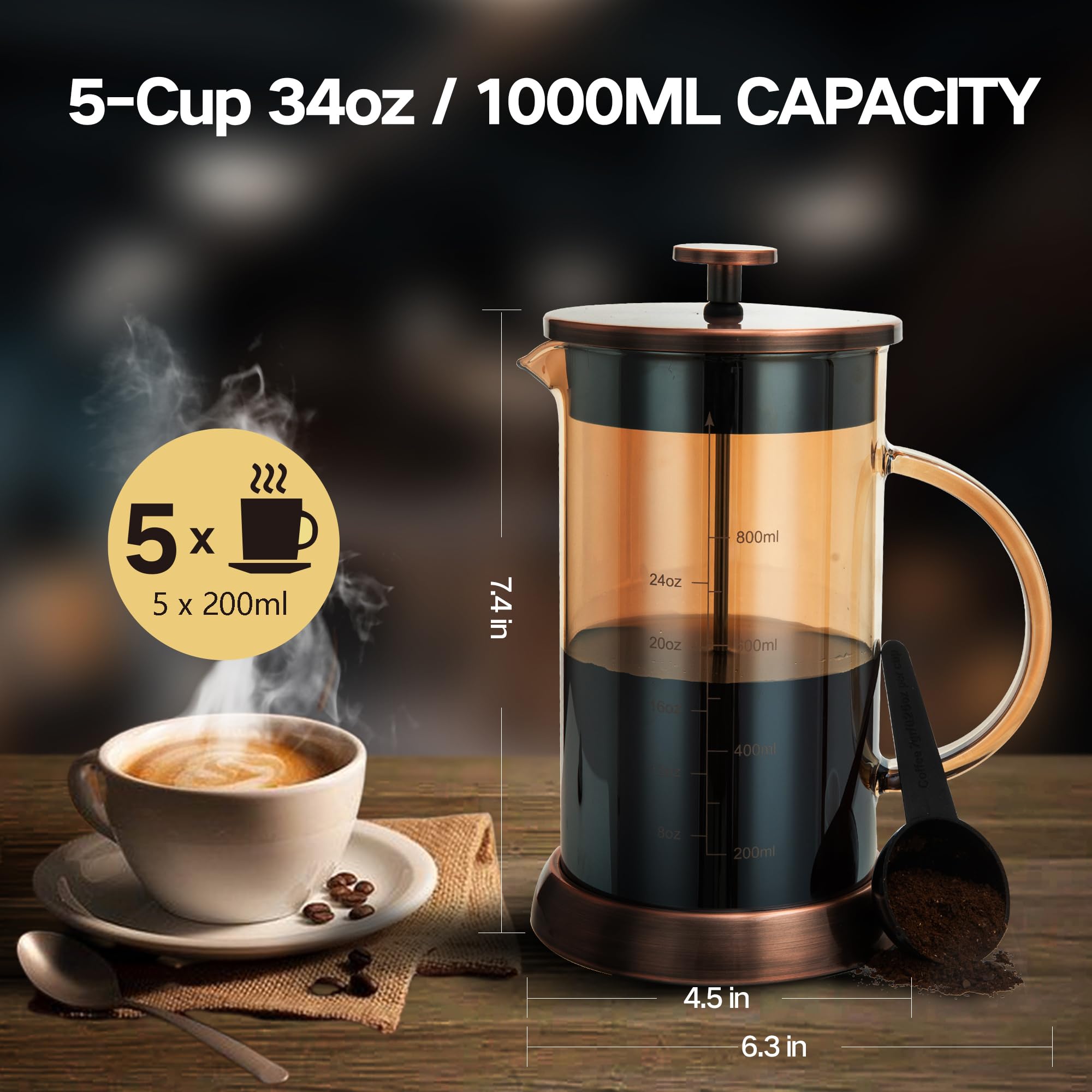 Ymmind 34 Ounce French Press Coffee Maker, 5-Cup Espresso Coffee Maker, Copper Cold Brew Heat Resistant Thickened Borosilicate C