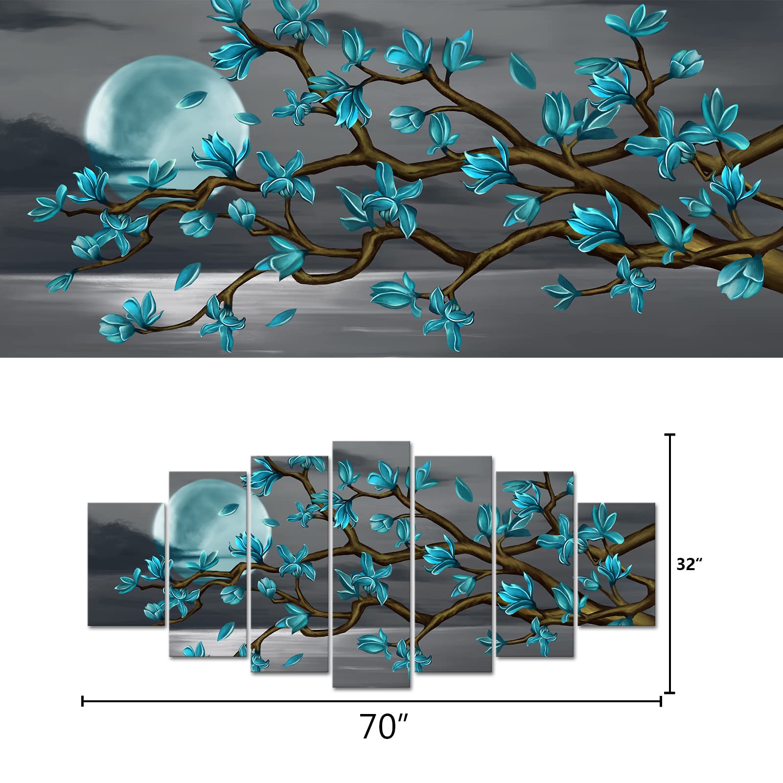 Visual Art Decor Xlarge 7 Piece Teal Full Moon Lanscape Wall Art Teal Tree Painting Canvas Art Prints Framed Ready To Hang, 70X3
