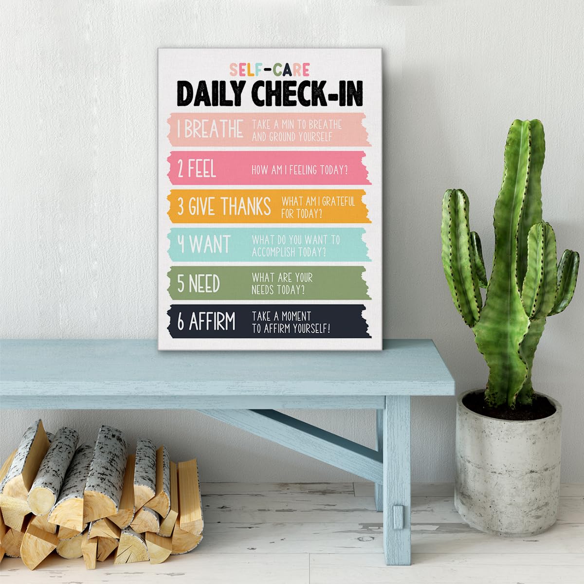 Self Care Wall Art Canvas Painting Mindfulness Print Framed Daily Check-In Mental Health Poster Canvas Sign For Therapy Office D