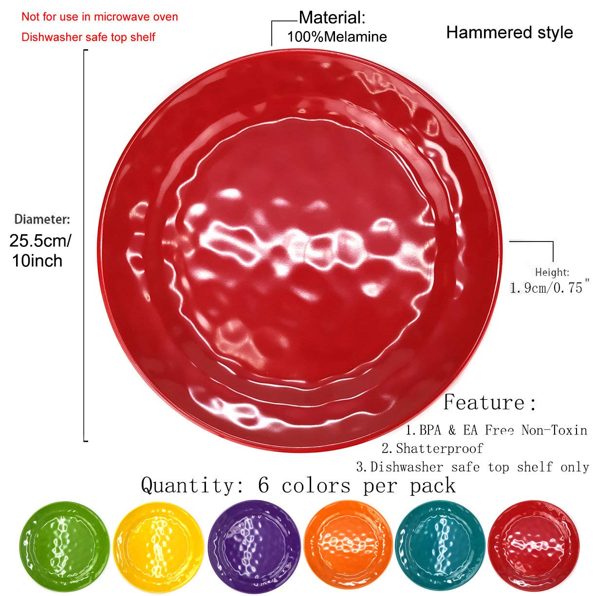 Kx-Ware Melamine Plates Set -10Inch 12Pcs 100% Melamine Dinner Plates For Everyday Use, Break-Resistant And Lightweight, Multico