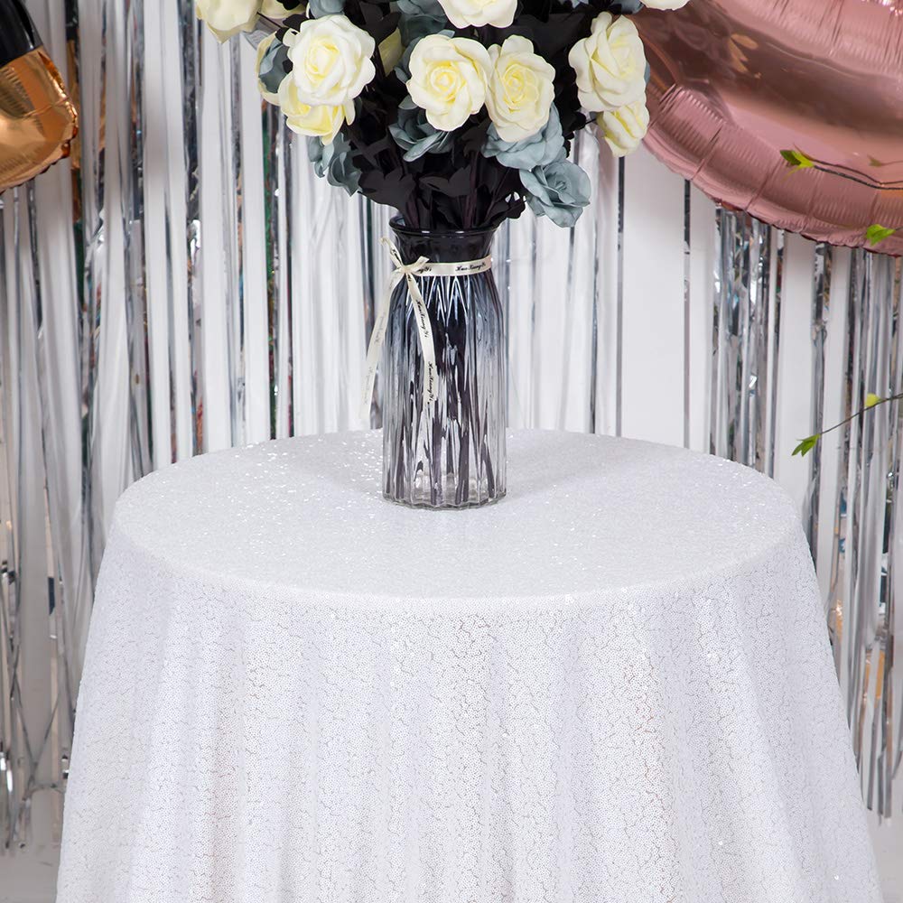 Jyflzq White Sequin Tablecloth 70 Round Sparkly Drape Table Cloths Table Cover Overlay For Wedding Birthday Party Baby Bridal Sh