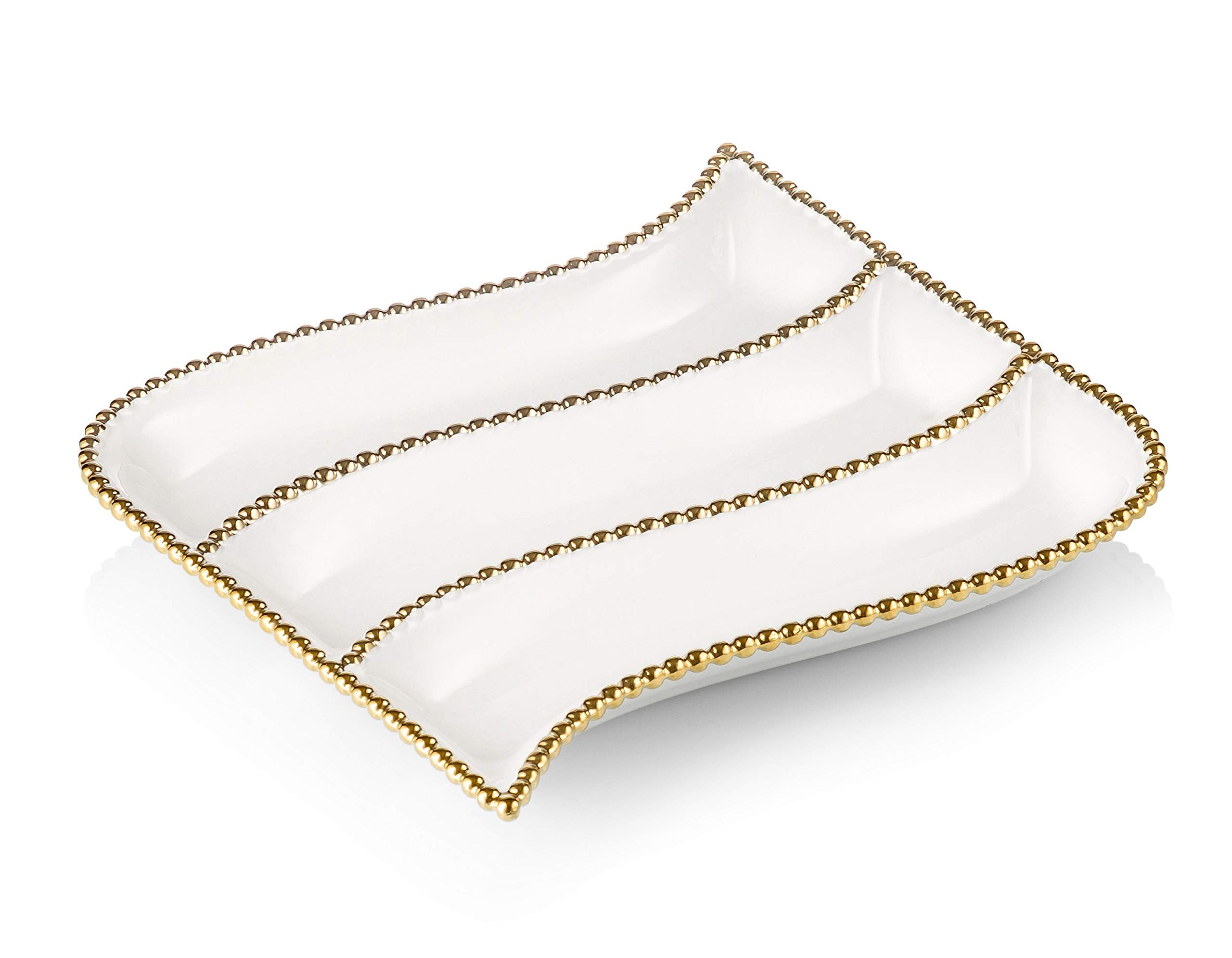 White Porcelain Cracker Dish with Gold Beaded Design-Measures: 10 L