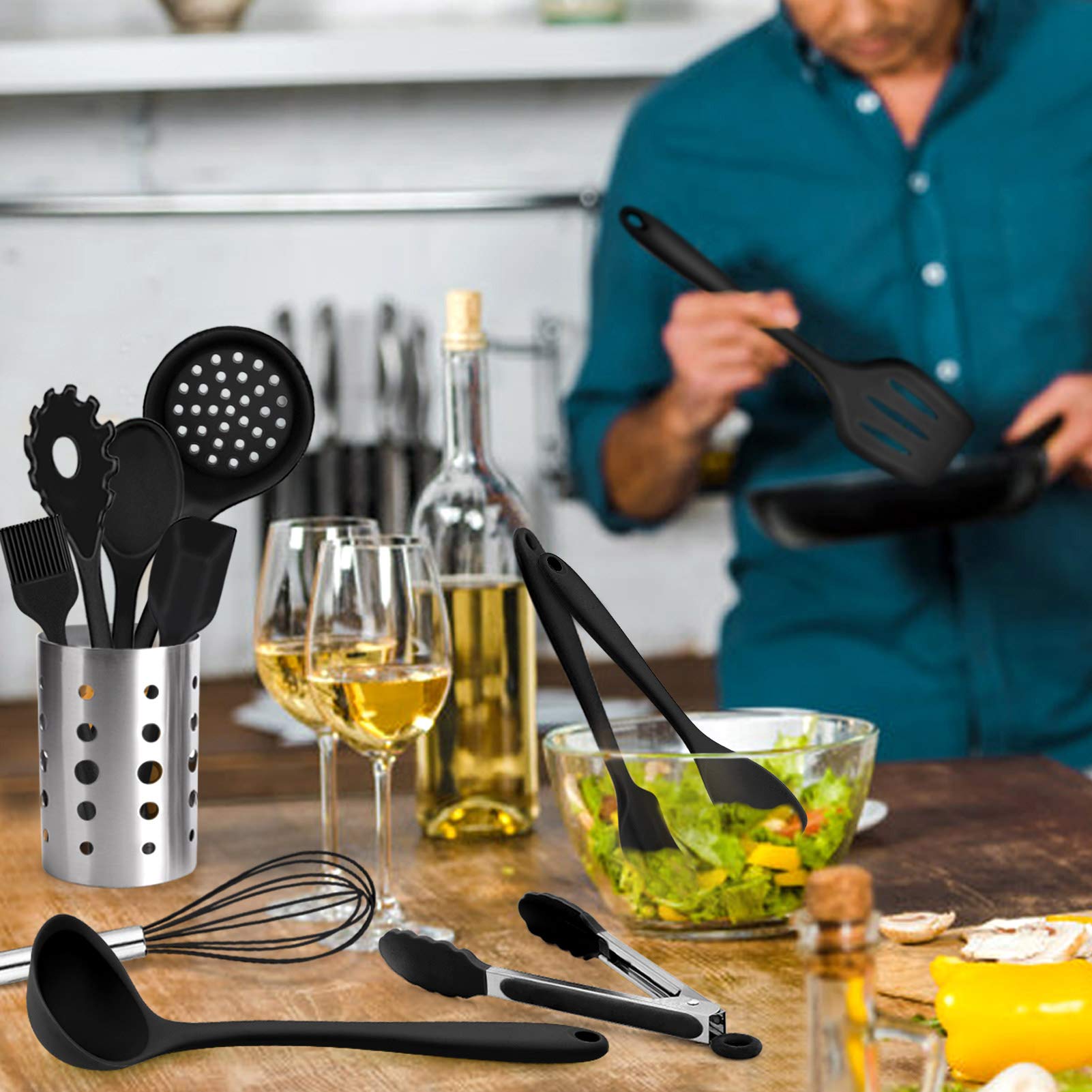 Teamfar Kitchen Cooking Utensils, 11 Pcs Black Silicone Cooking Utensils Spatula Set Heat Resistant For Nonstick Cookware, Perfe