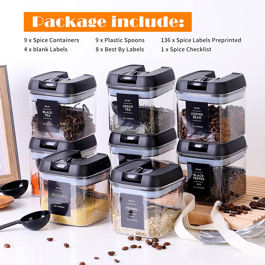 Spice Containers With Labels 9 Pcs Large Plastic Tea Storage Containers With 148 Spice Labels And 9 Spoons Square Airtight Food