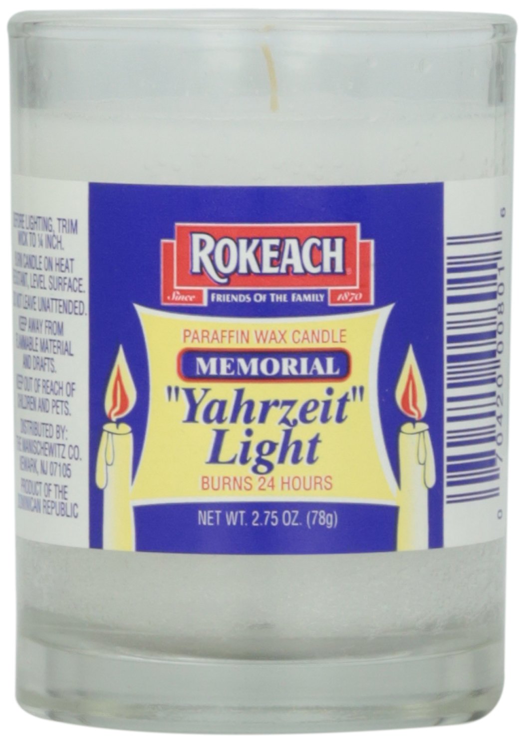 Rokeach Glass Memorial Candle, 1 Ct