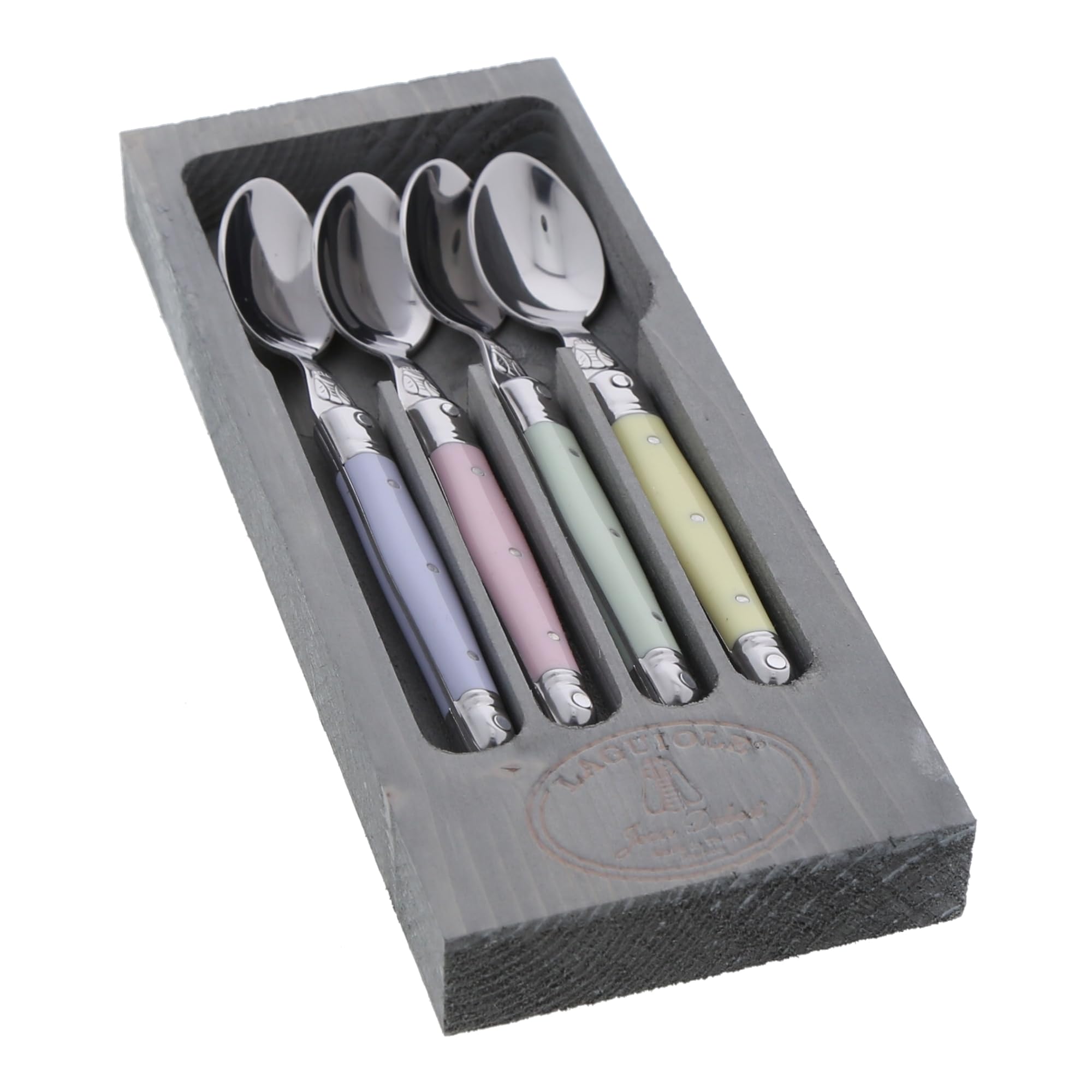 Jean Dubost Laguiole 4-Piece Coffee/Dessert Spoons, Pastel Handles - Rust-Resistant Stainless Steel - Includes Wooden Tray - Mad