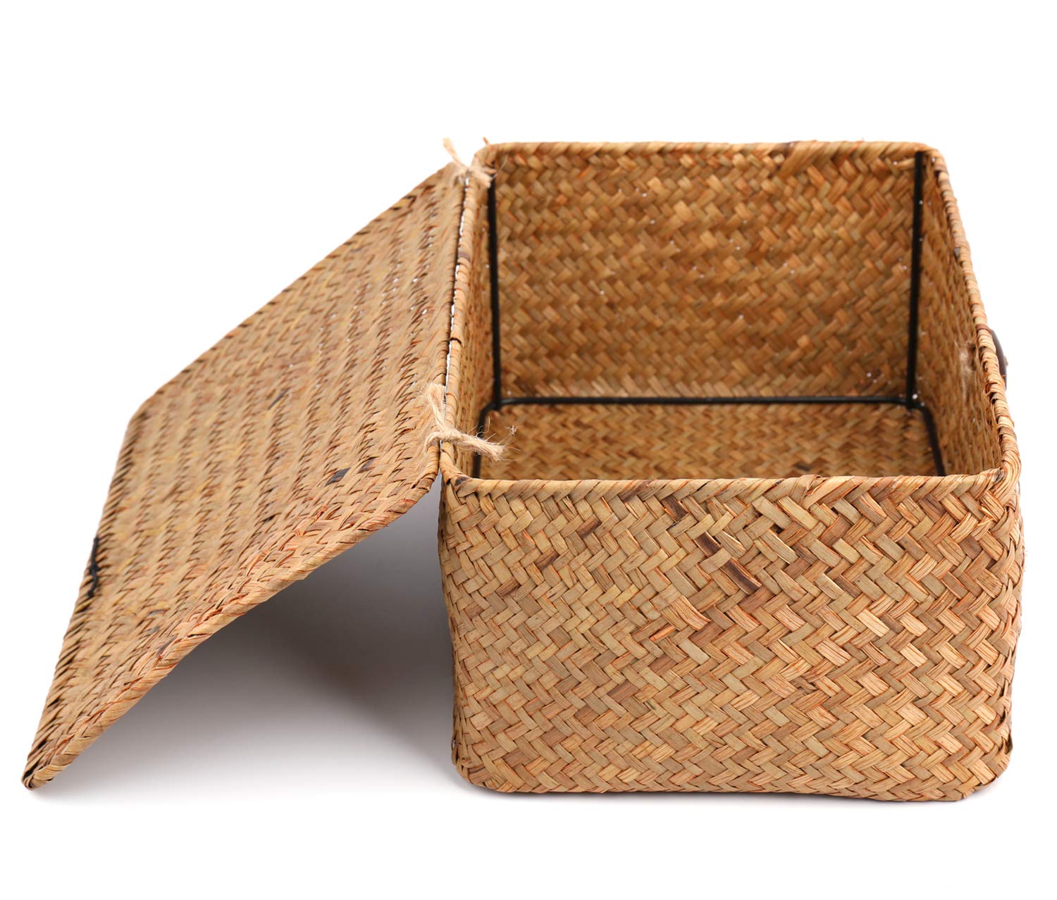 Yesland Handwoven Seagrass Rattan Storage Basket - 11.5'' X 7.5'' X 5'' - Brown Rectangular Makeup Organizer Container With Lid,