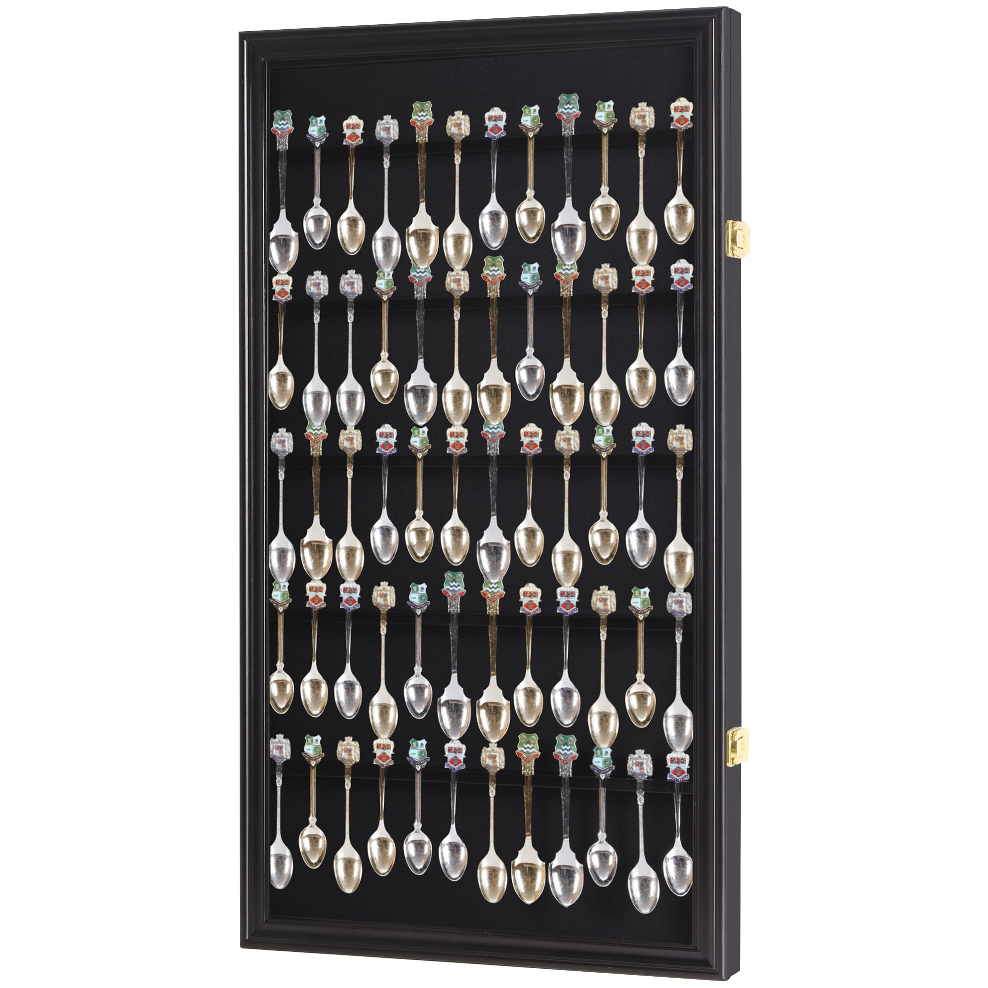 DisplayGifts 60 Souvenir Spoon Tea Spoon Display Case Rack Holder Wall Cabinet Frame, UV Protection, Lockable Door (Black Finish
