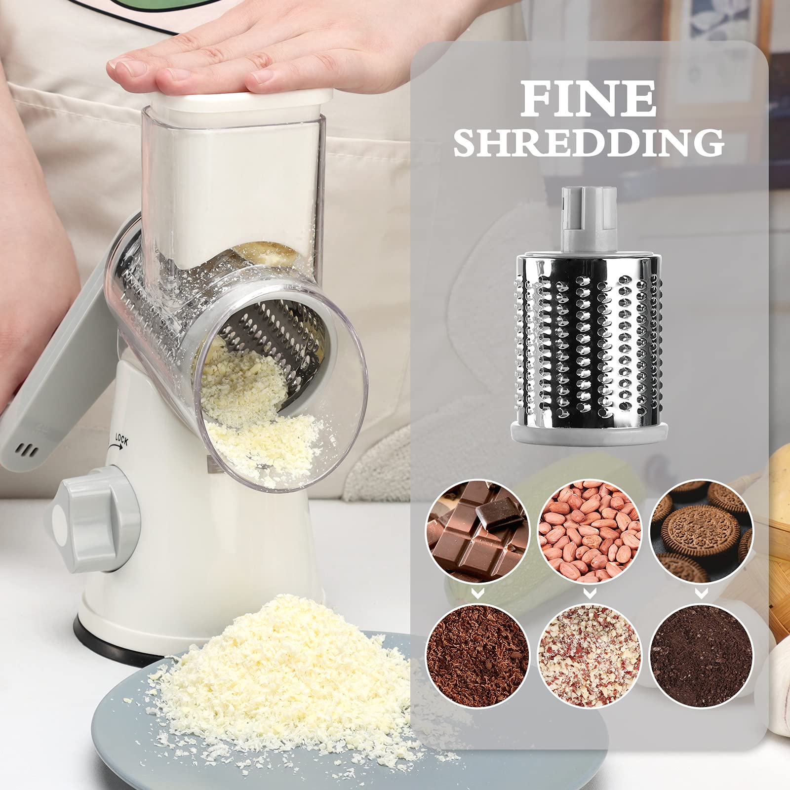 Ancevsk Manual Rotary Kitchen Cheese Grater, Speed Round Mandoline Vegetable Slicer, Safe Food Shredder Nut Grinder With 3 Inter