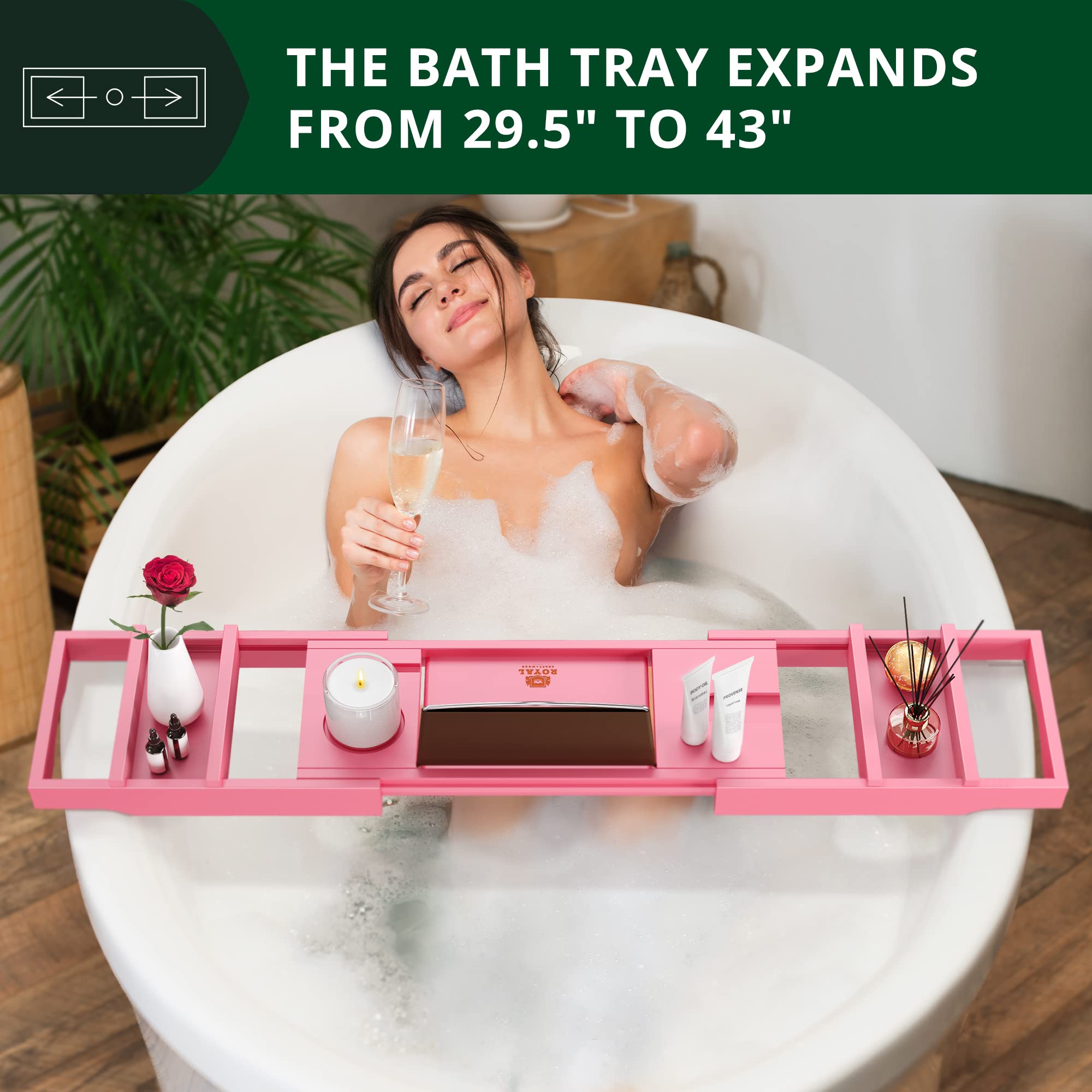 ROYAL CRAFT WOOD Luxury Bathtub Caddy Tray  One or Two Person Bath and Bed Tray  Bonus Free Soap Holder (Pink)