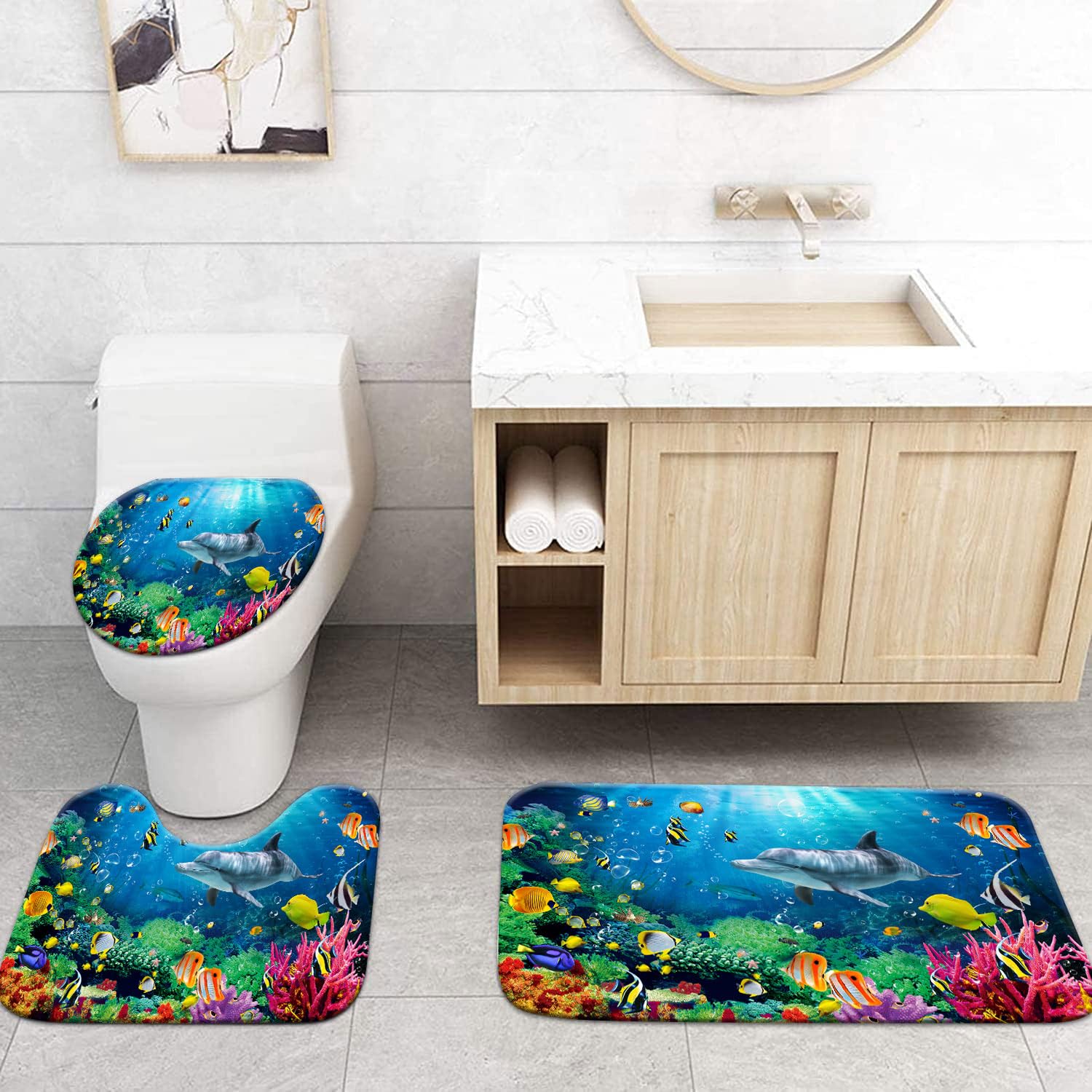 Kids Bathroom Set Blue Ocean Bathroom Shower Curtain Sets Underwater Sea World Shower Curtain 4 Pcs, Waterproof Tropical Dolphin