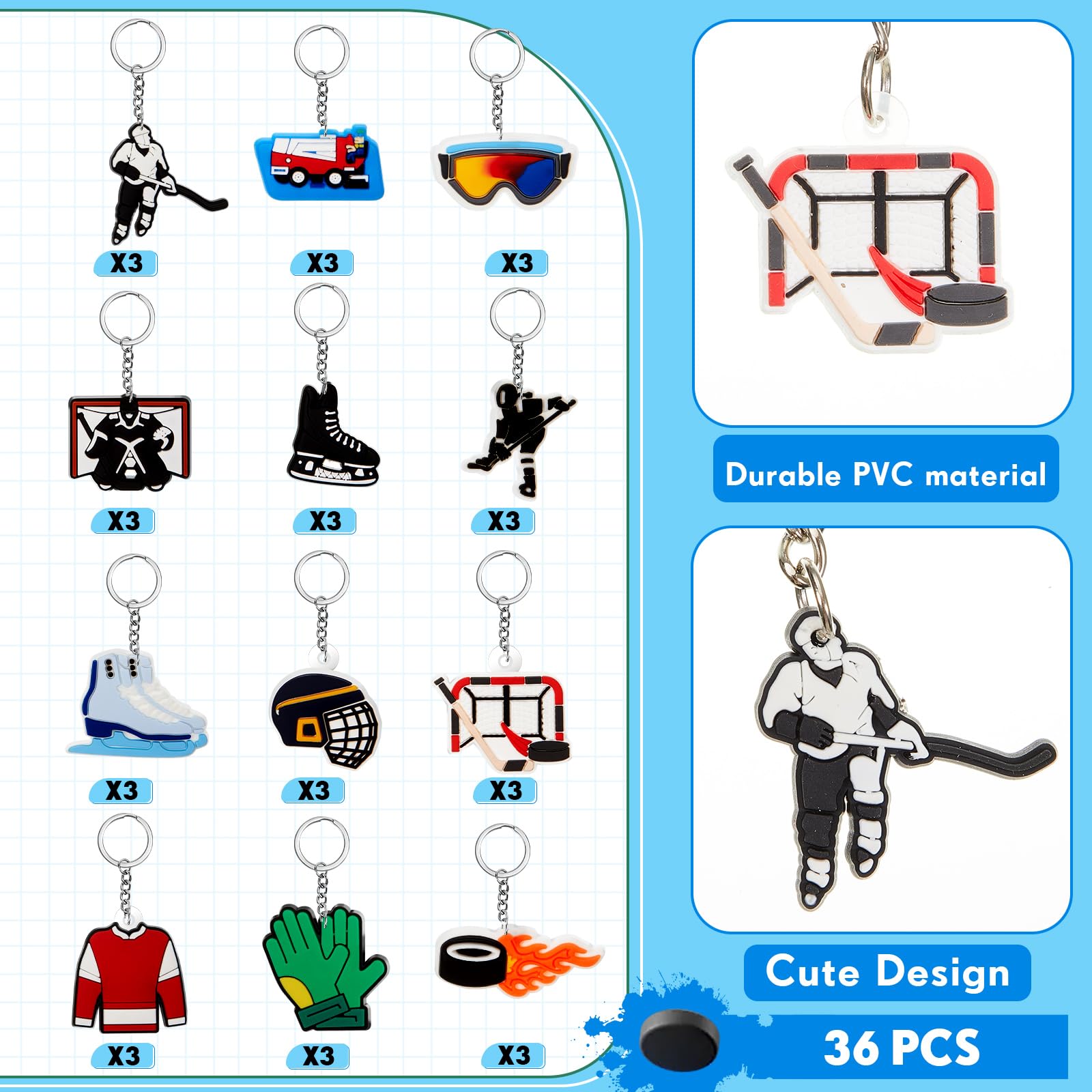 Batiyeer 36 Pack Sports Keychains Sports Ball Key Ball Keychain Bulk For Sports Birthday Party Favors (Hockey)