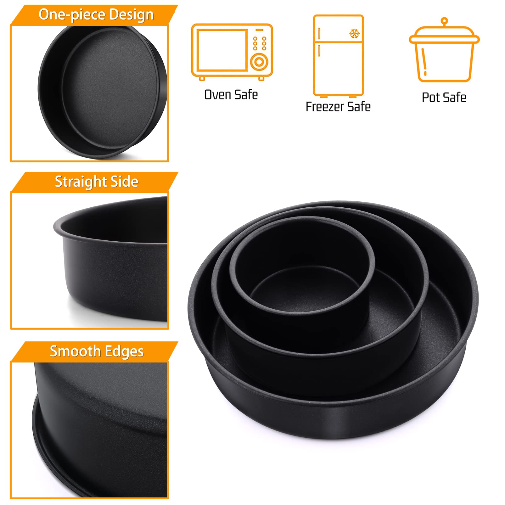 Round Cake Pan Set - 4    & 6    & 8   , P&P Chef 3-Piece Cake Baking Pan For Birthday Weeding Layer Cakes, Stainless Steel Core